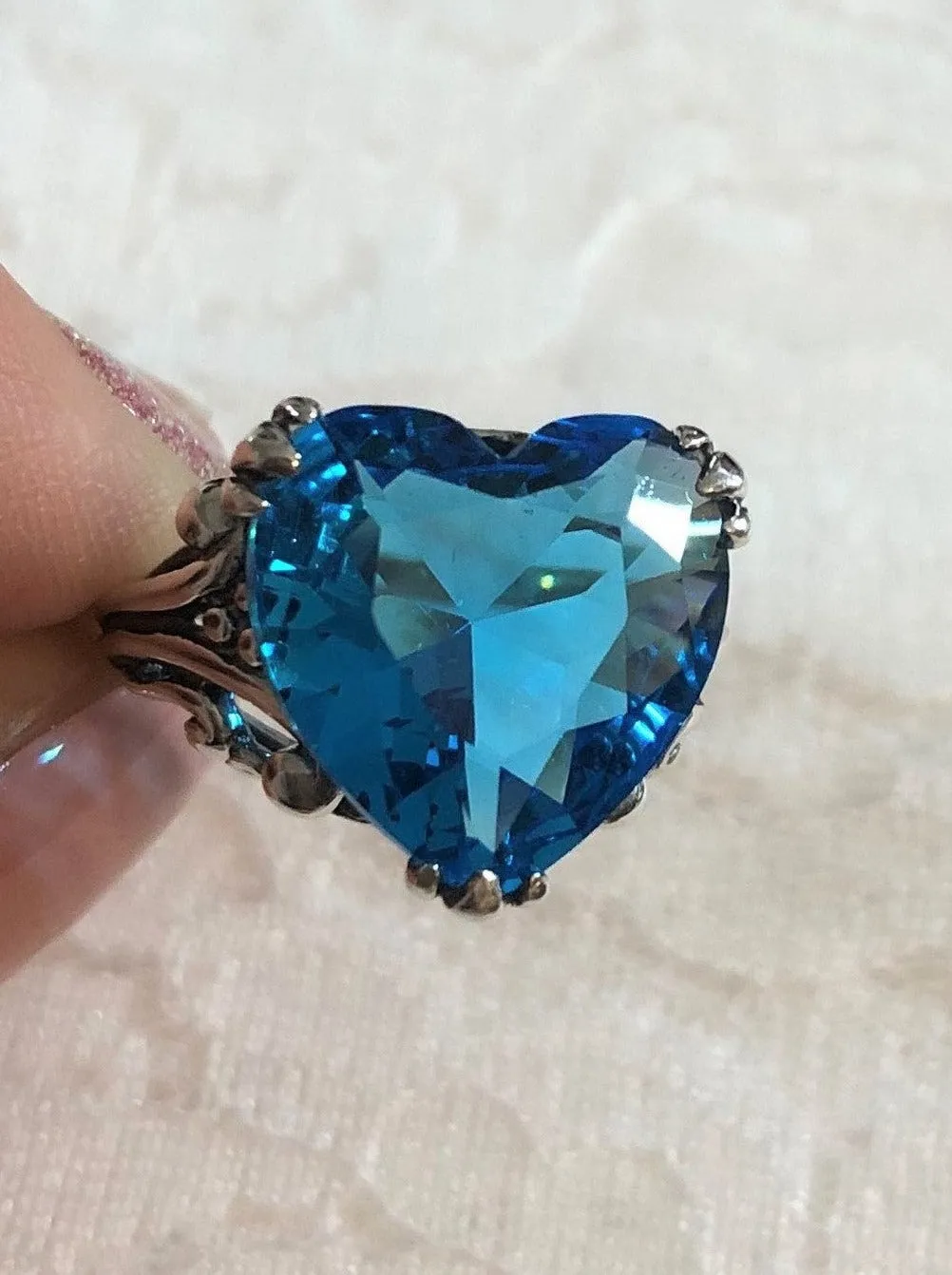 Heart Ring, Swiss Blue Gem, Art Deco Jewelry #D213