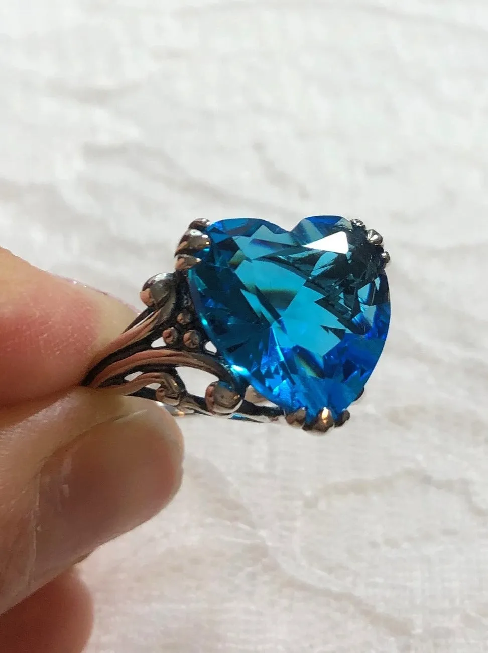 Heart Ring, Swiss Blue Gem, Art Deco Jewelry #D213