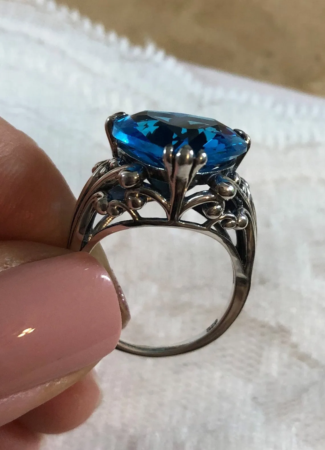 Heart Ring, Swiss Blue Gem, Art Deco Jewelry #D213