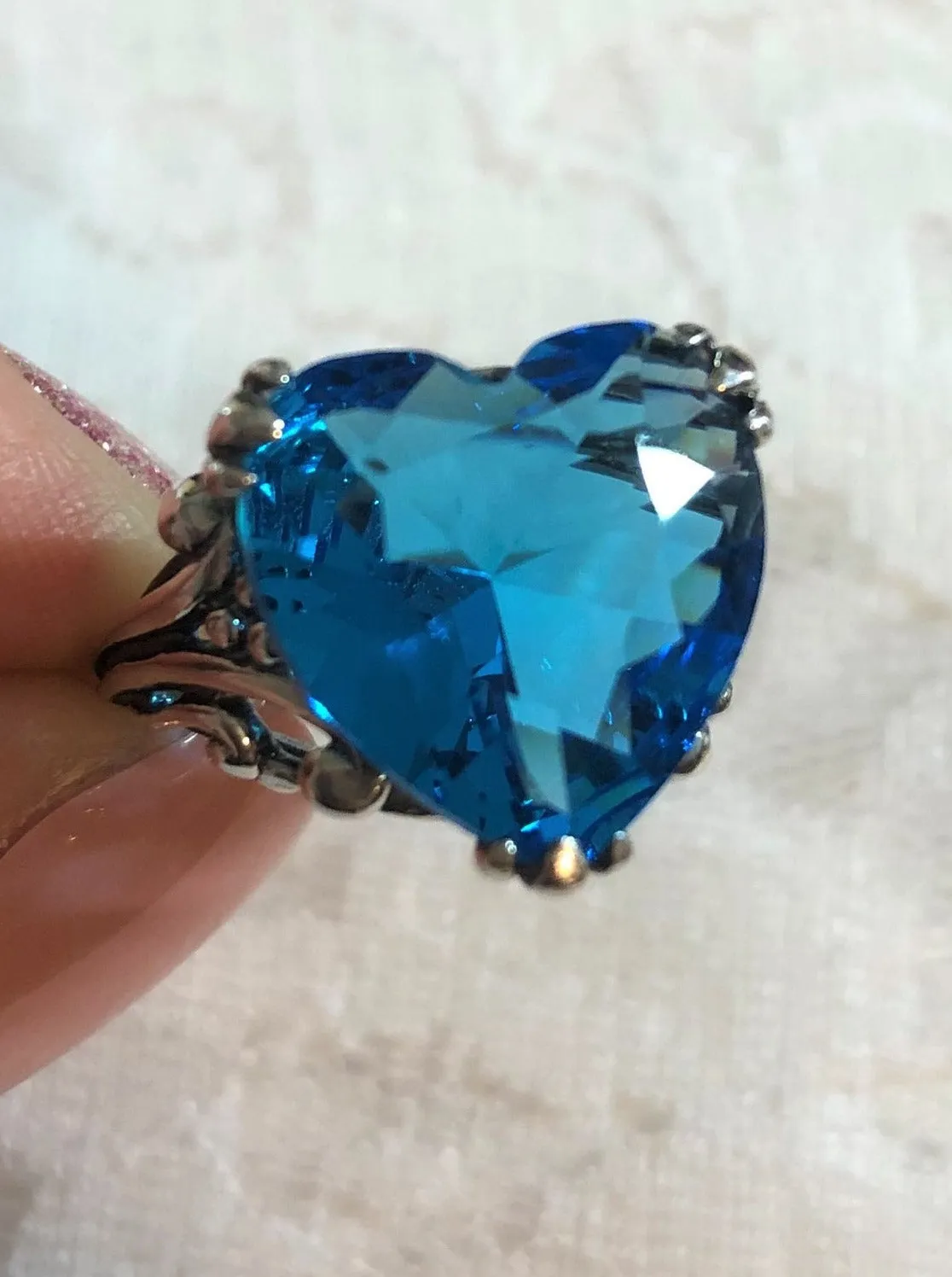 Heart Ring, Swiss Blue Gem, Art Deco Jewelry #D213