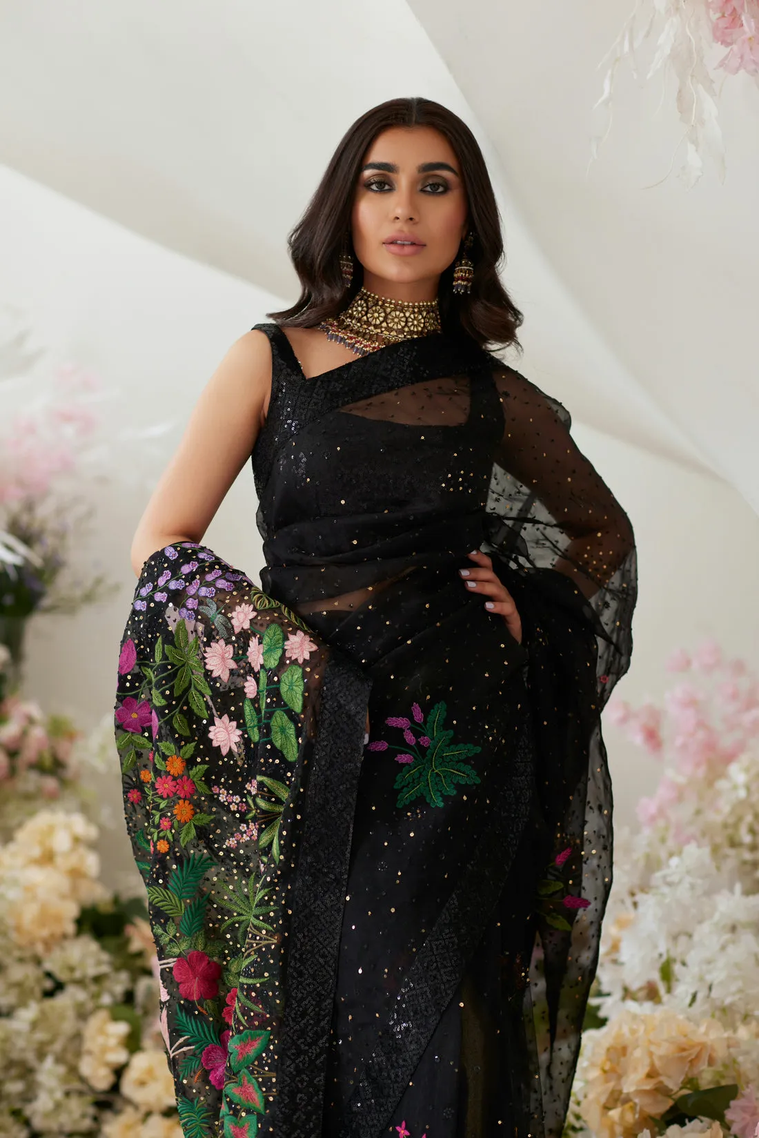 Indian Wedding Dress in Elegant Black Net Saree Style