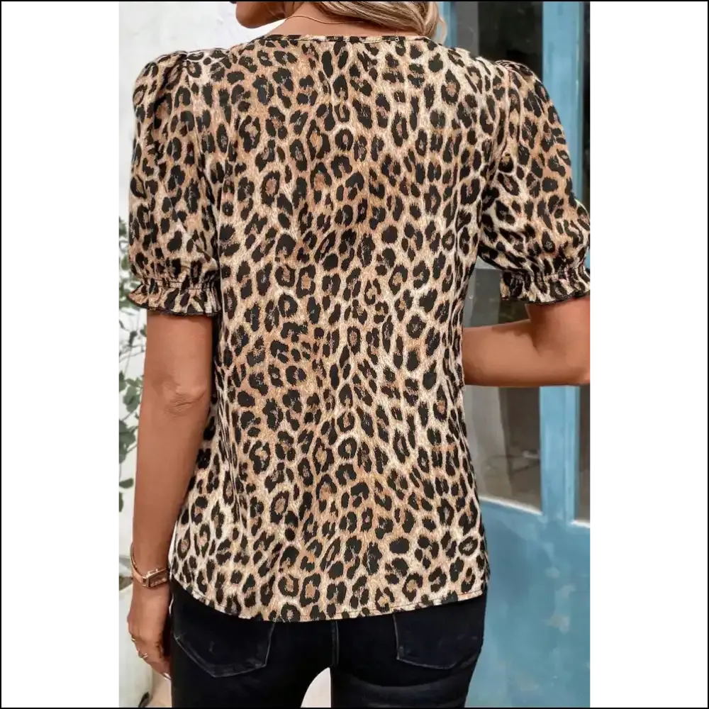 Khaki Leopard Puff Sleeve Ruffle Blouse Rawr
