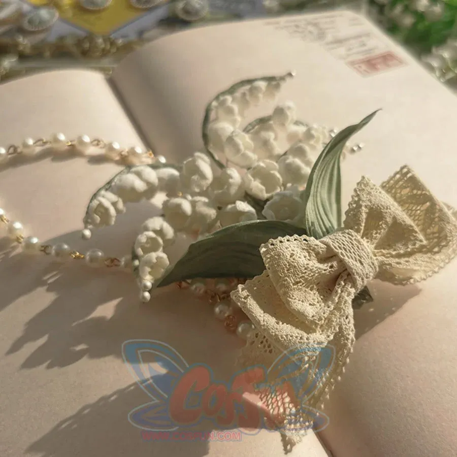 Lily of The Valley Handmade Brooch and Pearl Chain