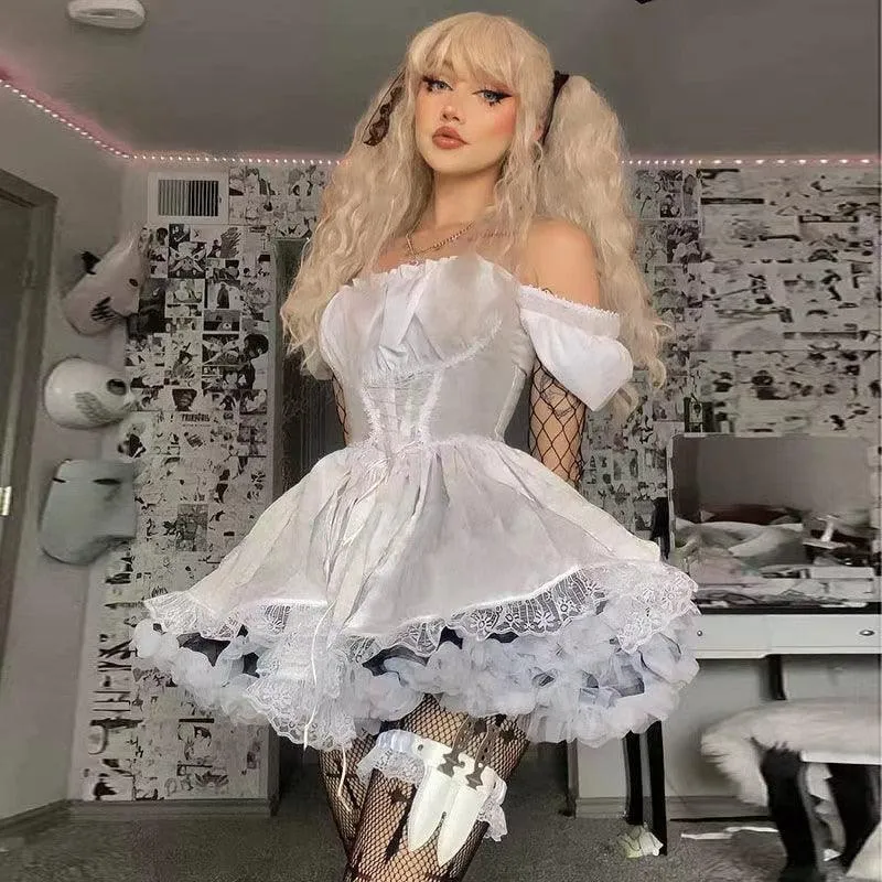Lolita Black Dress Goth Aesthetic Puff Sleeve High Waist Vintage Bandage Dress