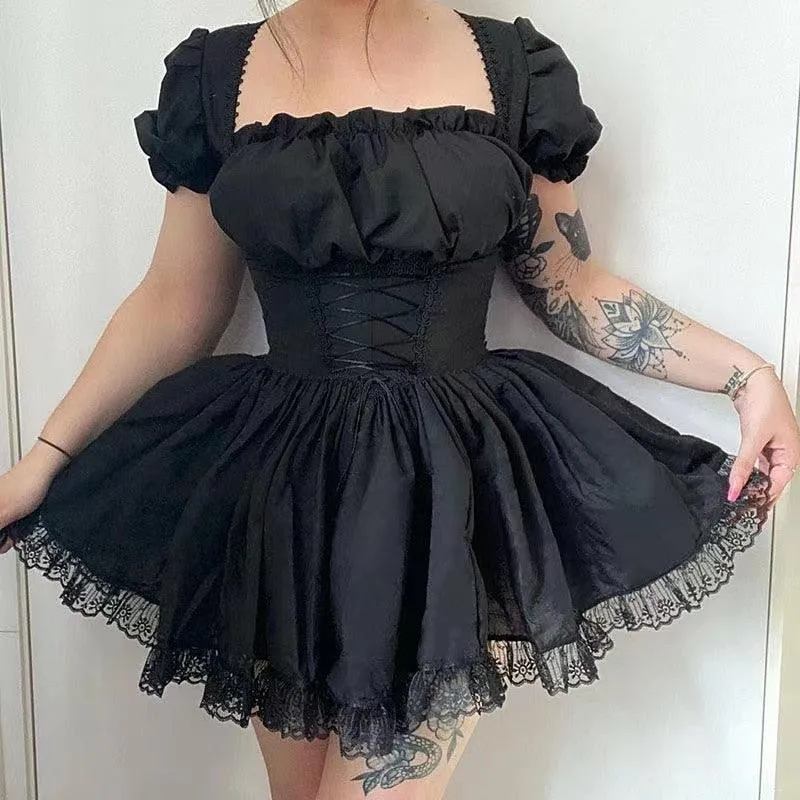 Lolita Black Dress Goth Aesthetic Puff Sleeve High Waist Vintage Bandage Dress