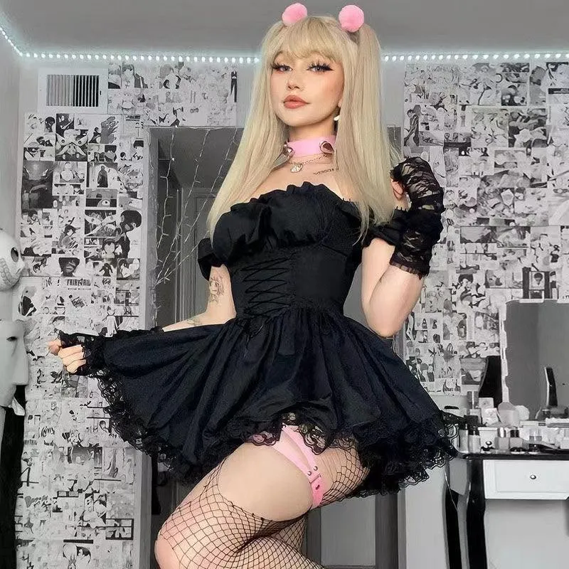 Lolita Black Dress Goth Aesthetic Puff Sleeve High Waist Vintage Bandage Dress