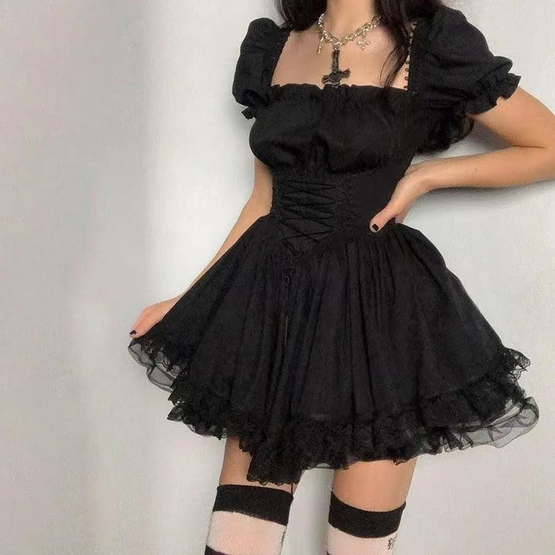 Lolita Black Dress Goth Aesthetic Puff Sleeve High Waist Vintage Bandage Dress