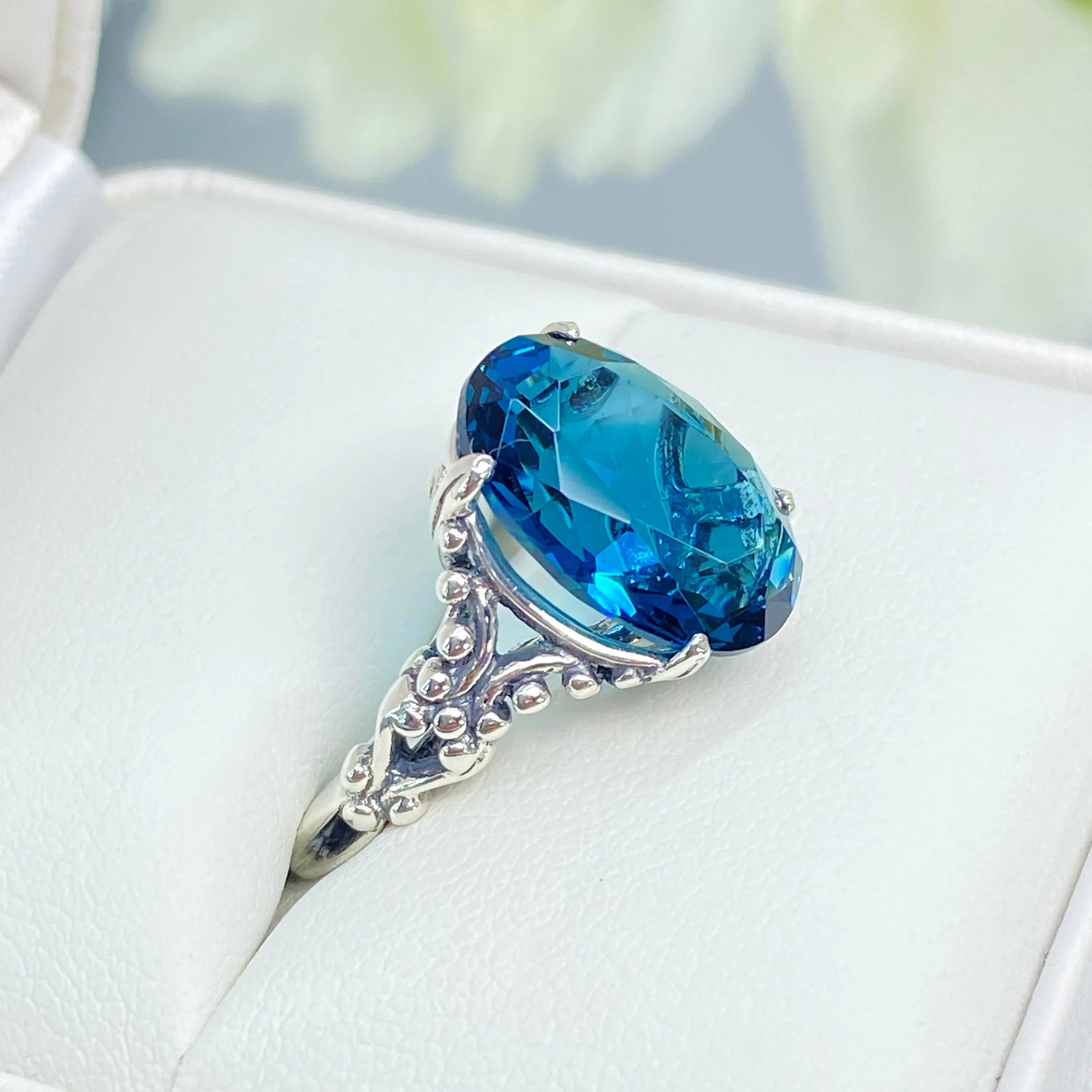 London Blue Topaz Ring, Size 6, Sterling Silver Gothic Jewelry, #D113 - Ready to Ship