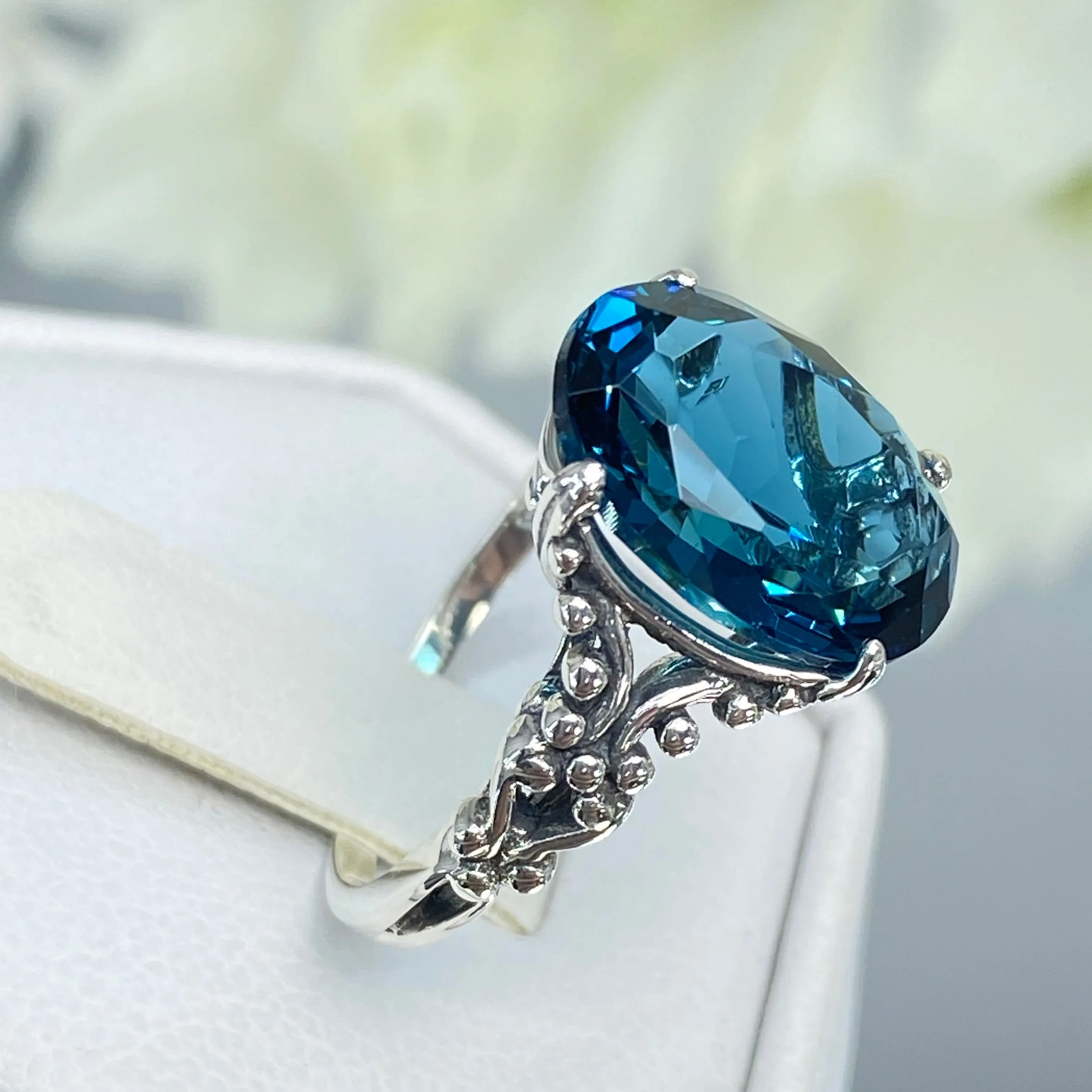 London Blue Topaz Ring, Size 6, Sterling Silver Gothic Jewelry, #D113 - Ready to Ship