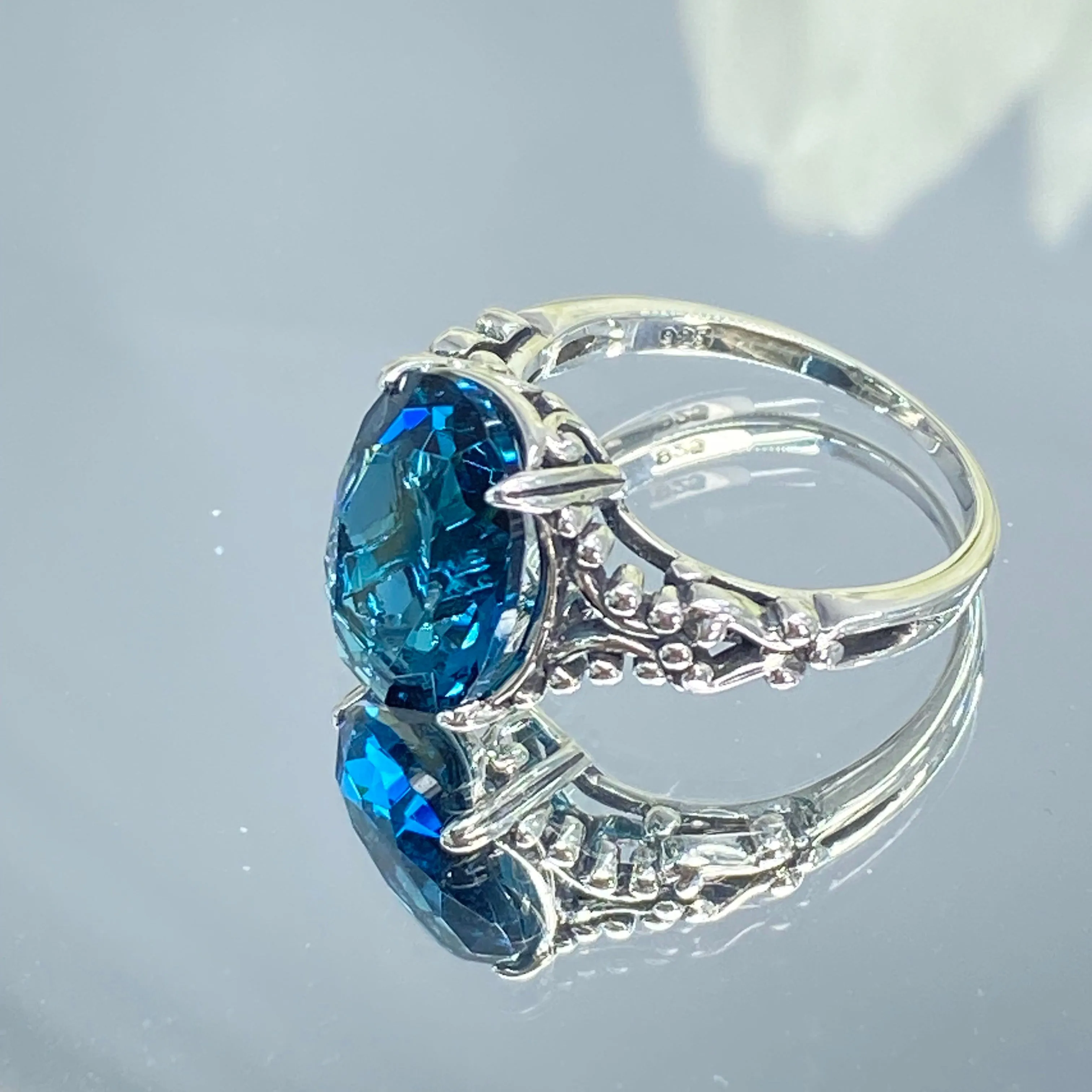 London Blue Topaz Ring, Size 6, Sterling Silver Gothic Jewelry, #D113 - Ready to Ship