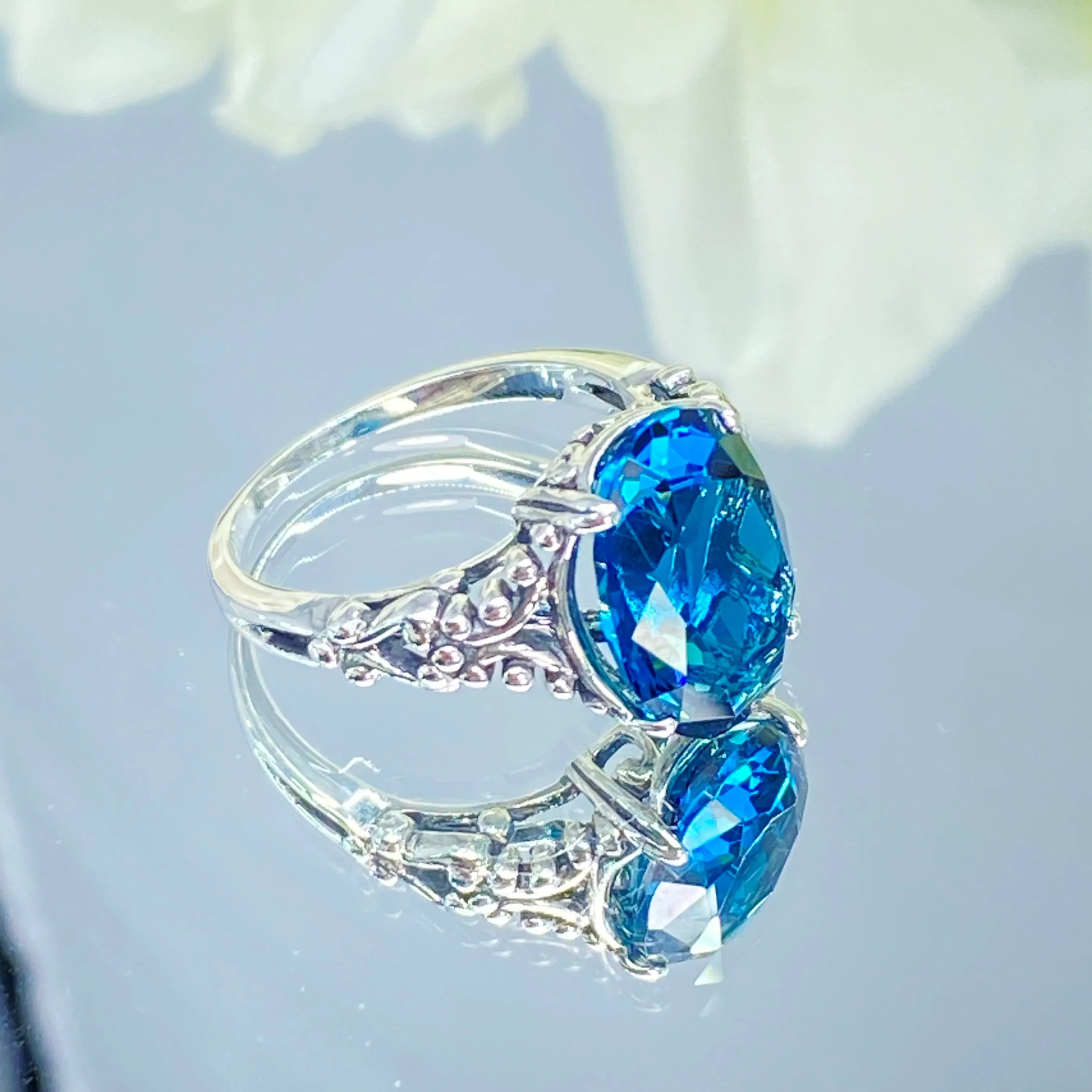 London Blue Topaz Ring, Size 6, Sterling Silver Gothic Jewelry, #D113 - Ready to Ship