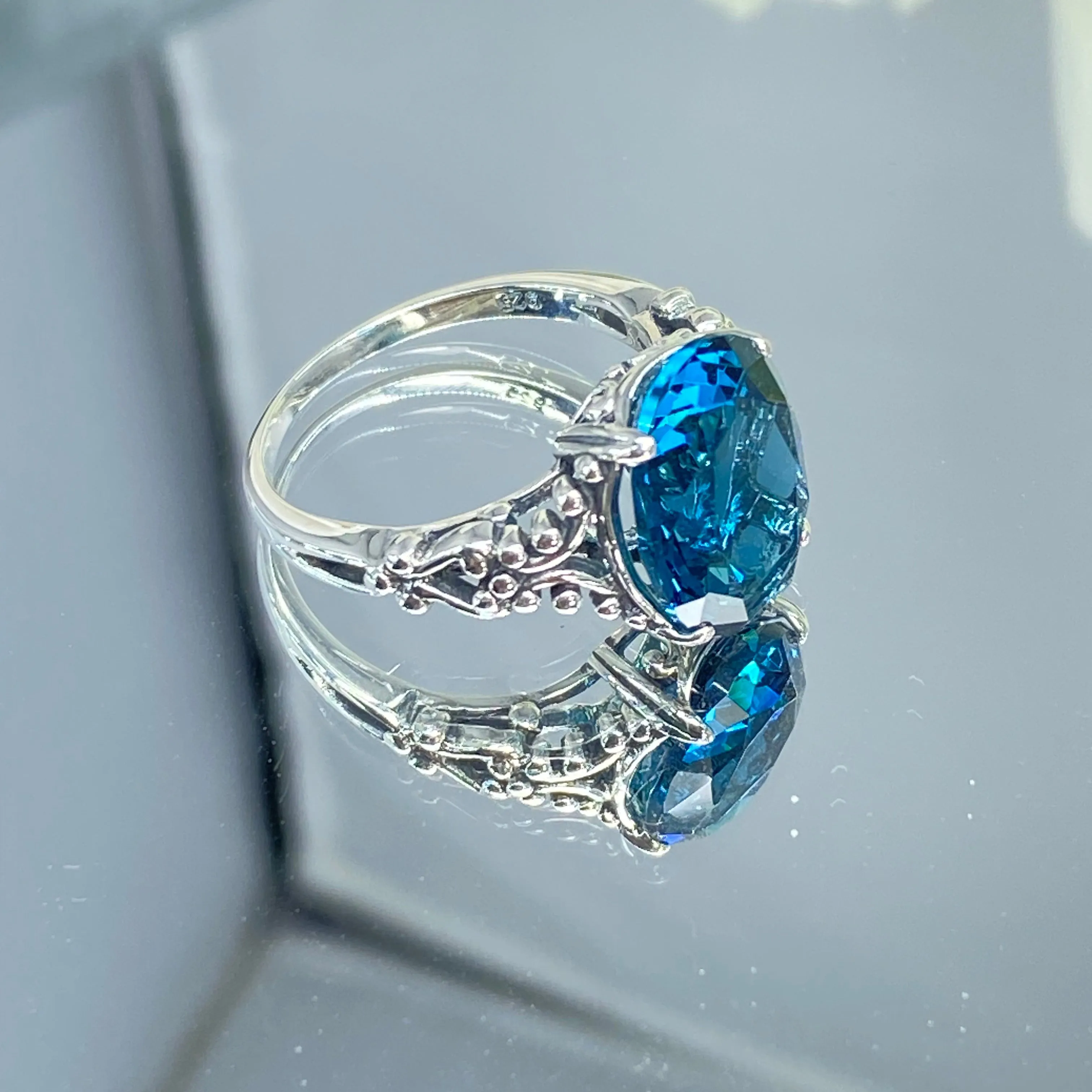 London Blue Topaz Ring, Size 6, Sterling Silver Gothic Jewelry, #D113 - Ready to Ship