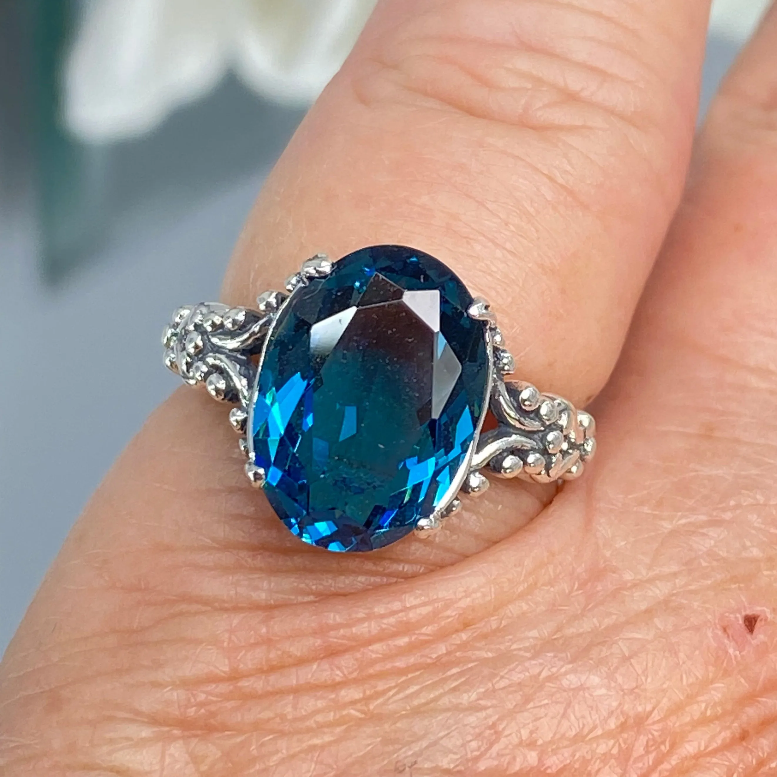 London Blue Topaz Ring, Size 6, Sterling Silver Gothic Jewelry, #D113 - Ready to Ship