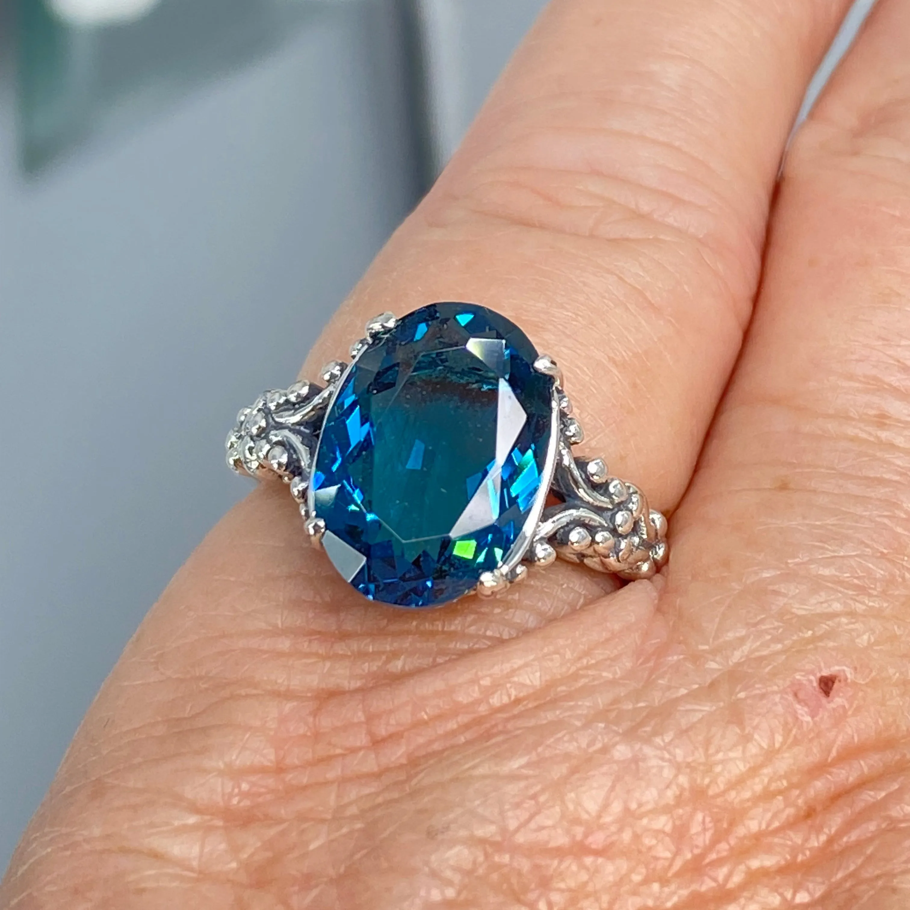 London Blue Topaz Ring, Size 6, Sterling Silver Gothic Jewelry, #D113 - Ready to Ship