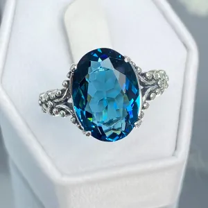 London Blue Topaz Ring, Sterling Silver Gothic Jewelry, #D113
