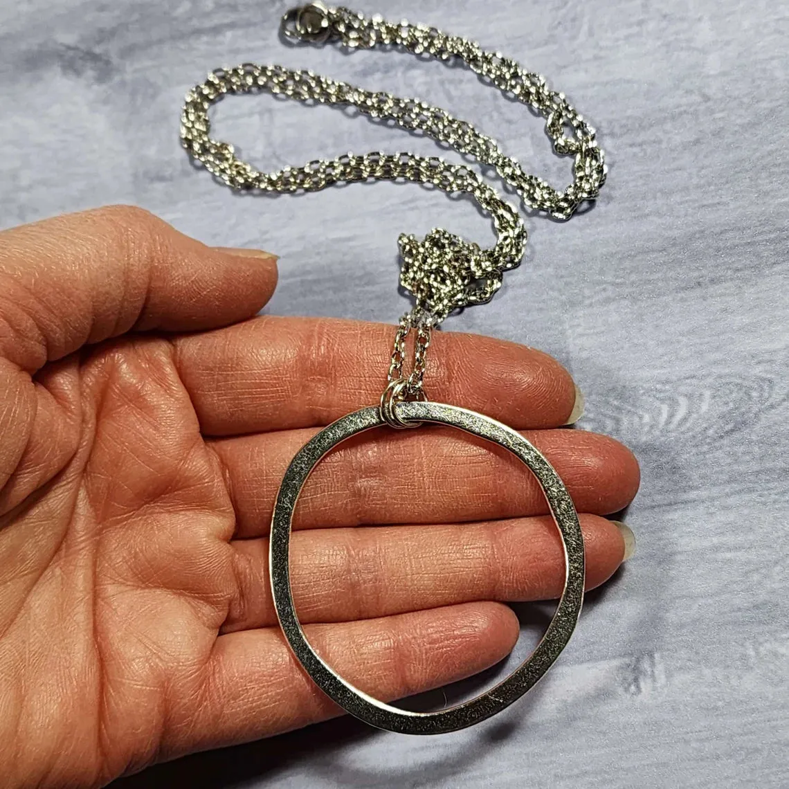 Long Boho Silver Circle Necklace, 28 Inch Layering Necklace