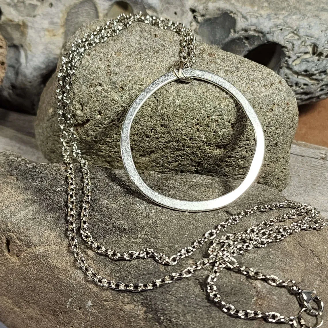 Long Boho Silver Circle Necklace, 28 Inch Layering Necklace