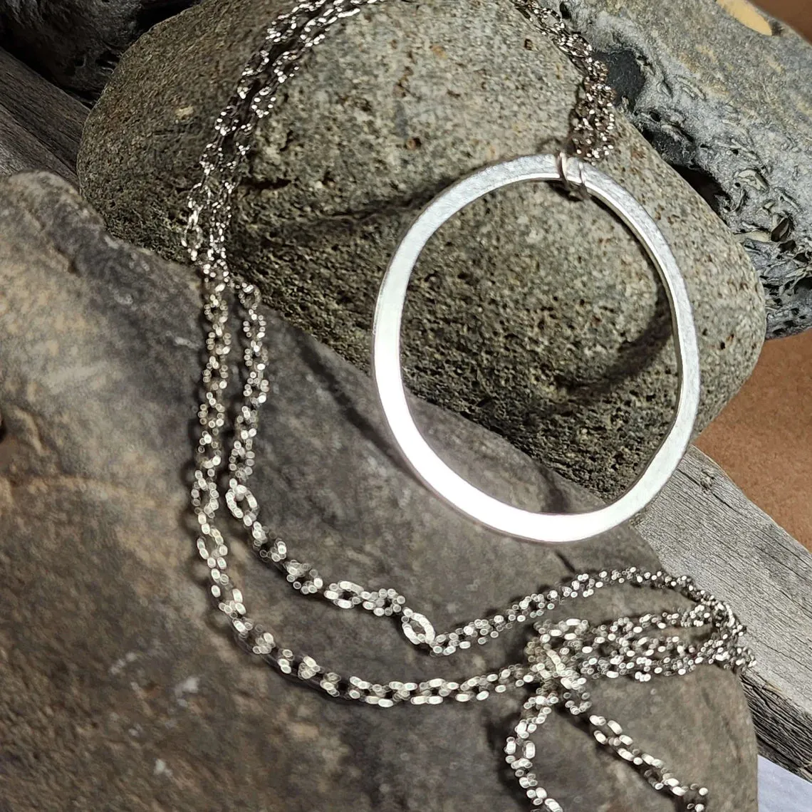 Long Boho Silver Circle Necklace, 28 Inch Layering Necklace