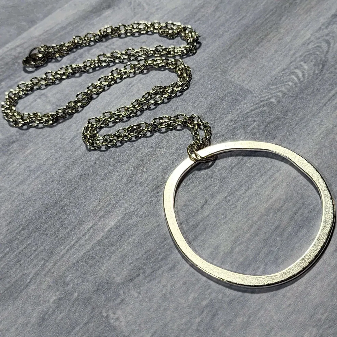 Long Boho Silver Circle Necklace, 28 Inch Layering Necklace