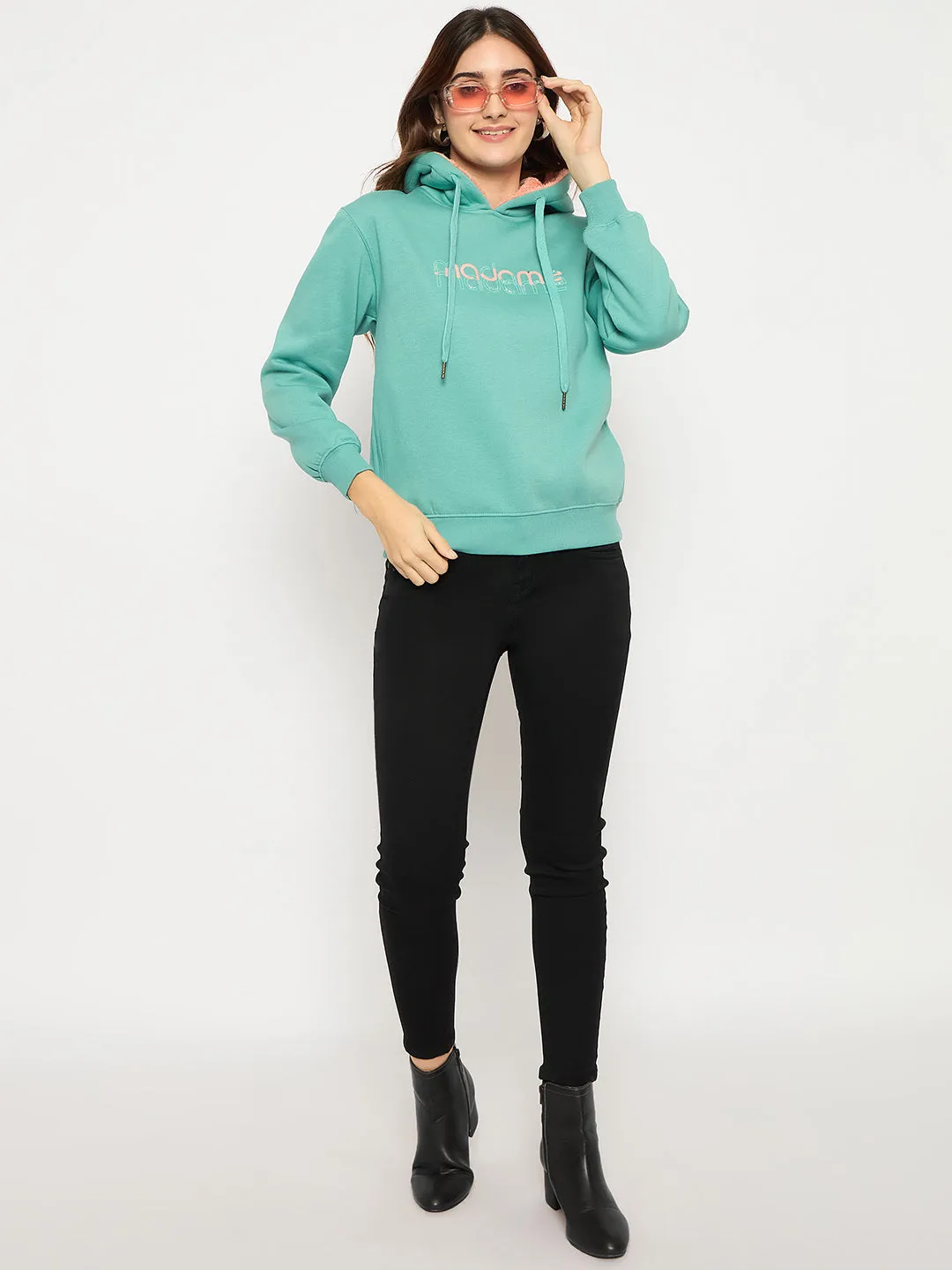Madame Branding Print And Handwork Seafoam Hooded Sweatshirt