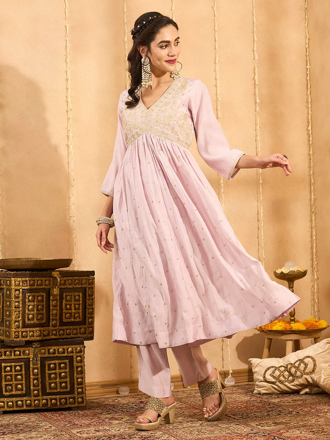 Mauve Kurta Set - Women Chanderi Silk Comfort Kurta Set with Dupatta - Zola