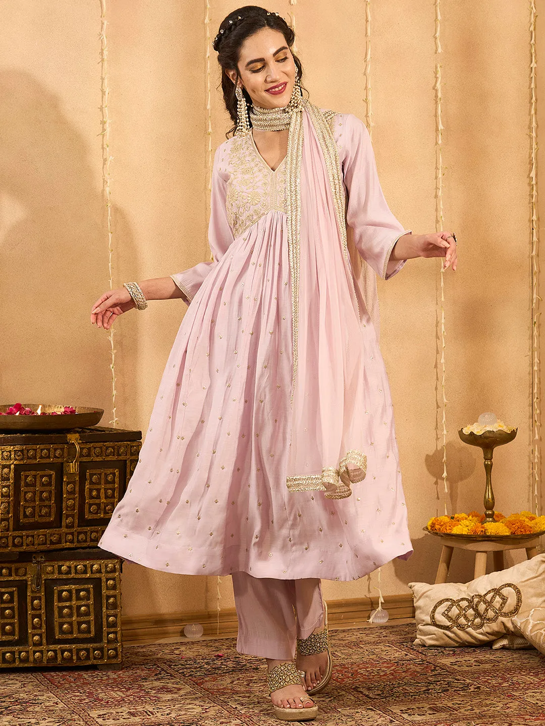 Mauve Kurta Set - Women Chanderi Silk Comfort Kurta Set with Dupatta - Zola