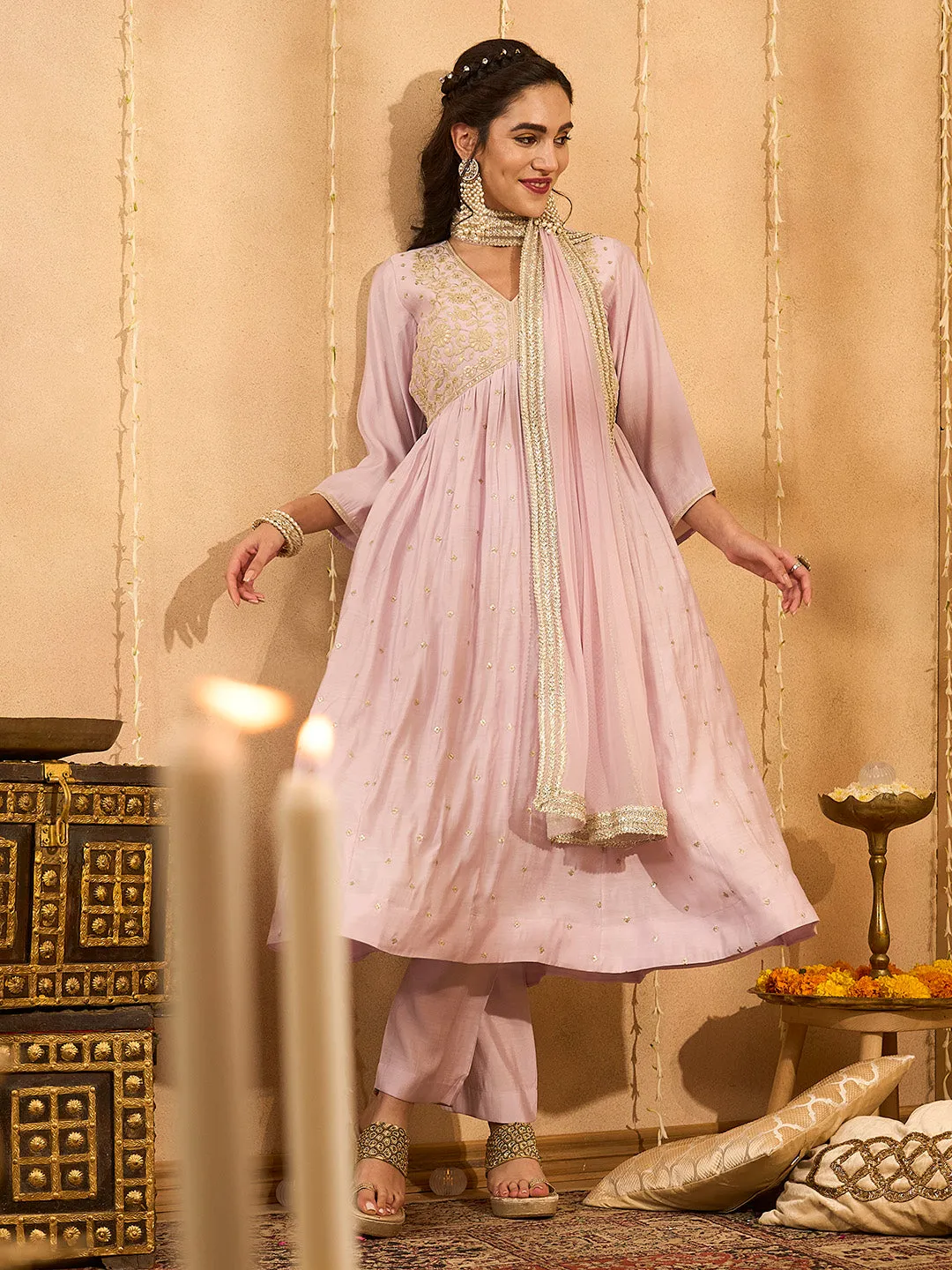 Mauve Kurta Set - Women Chanderi Silk Comfort Kurta Set with Dupatta - Zola