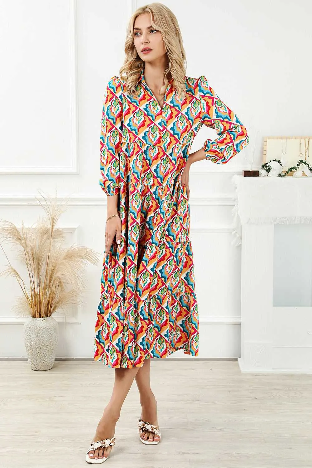 Multicolor Abstract Geometric Print Long Sleeve High Waist Dress