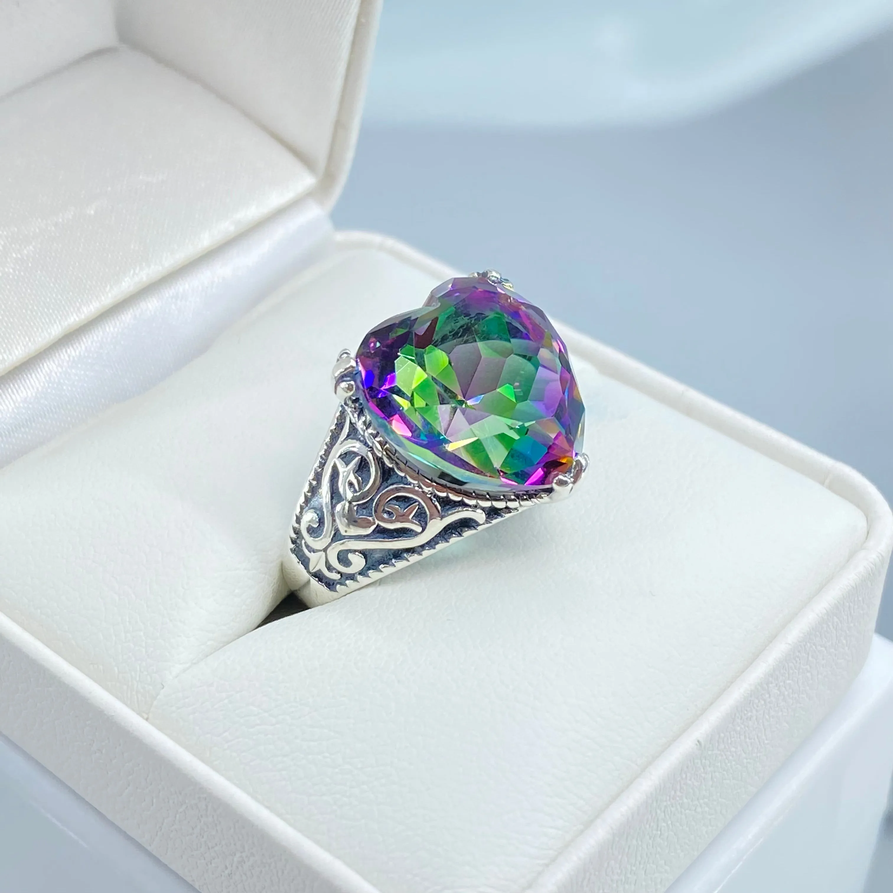 Mystic Topaz Ring, Size 6, Heart Gem, Gothic Filigree Jewelry #D132 - Ready to Ship