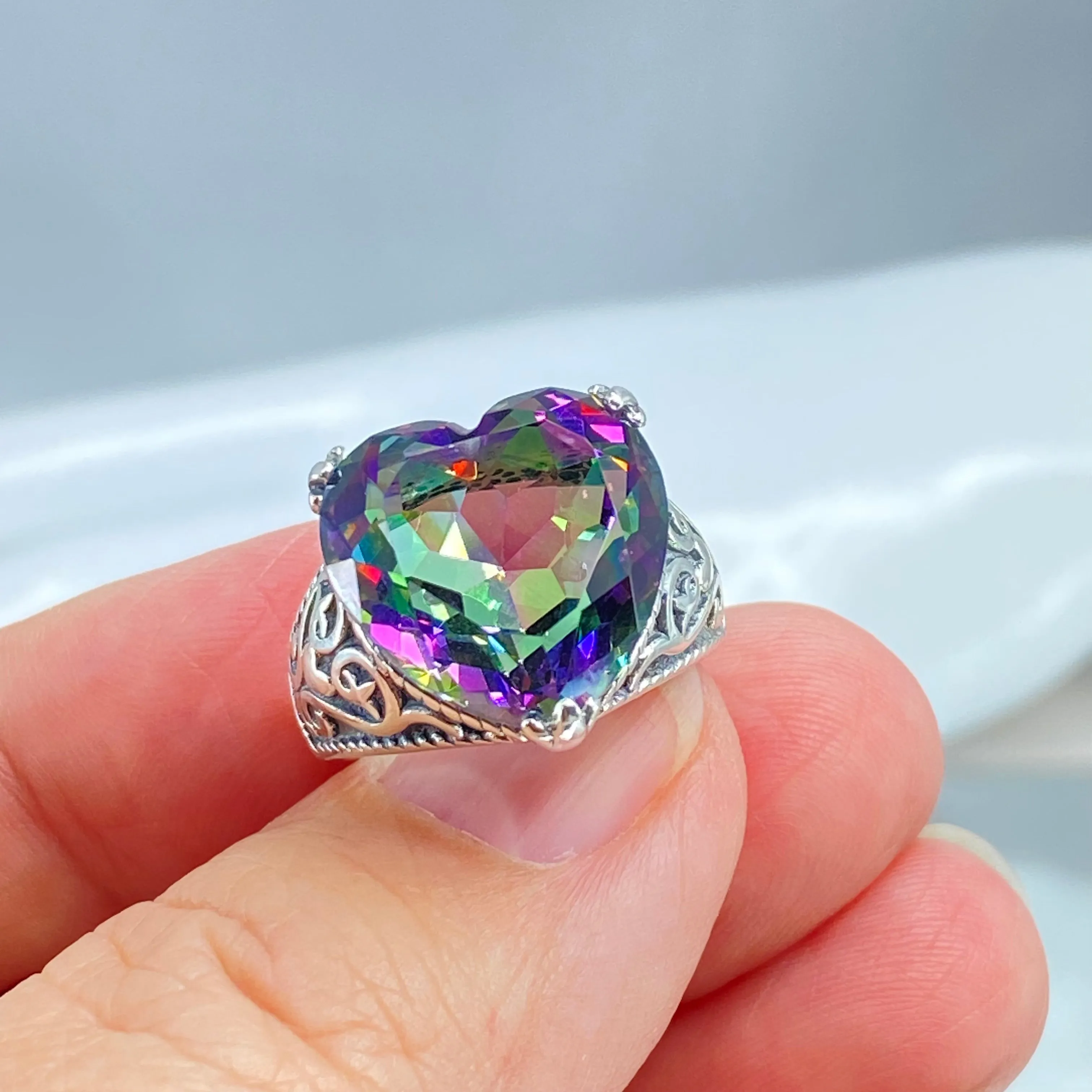 Mystic Topaz Ring, Size 6, Heart Gem, Gothic Filigree Jewelry #D132 - Ready to Ship