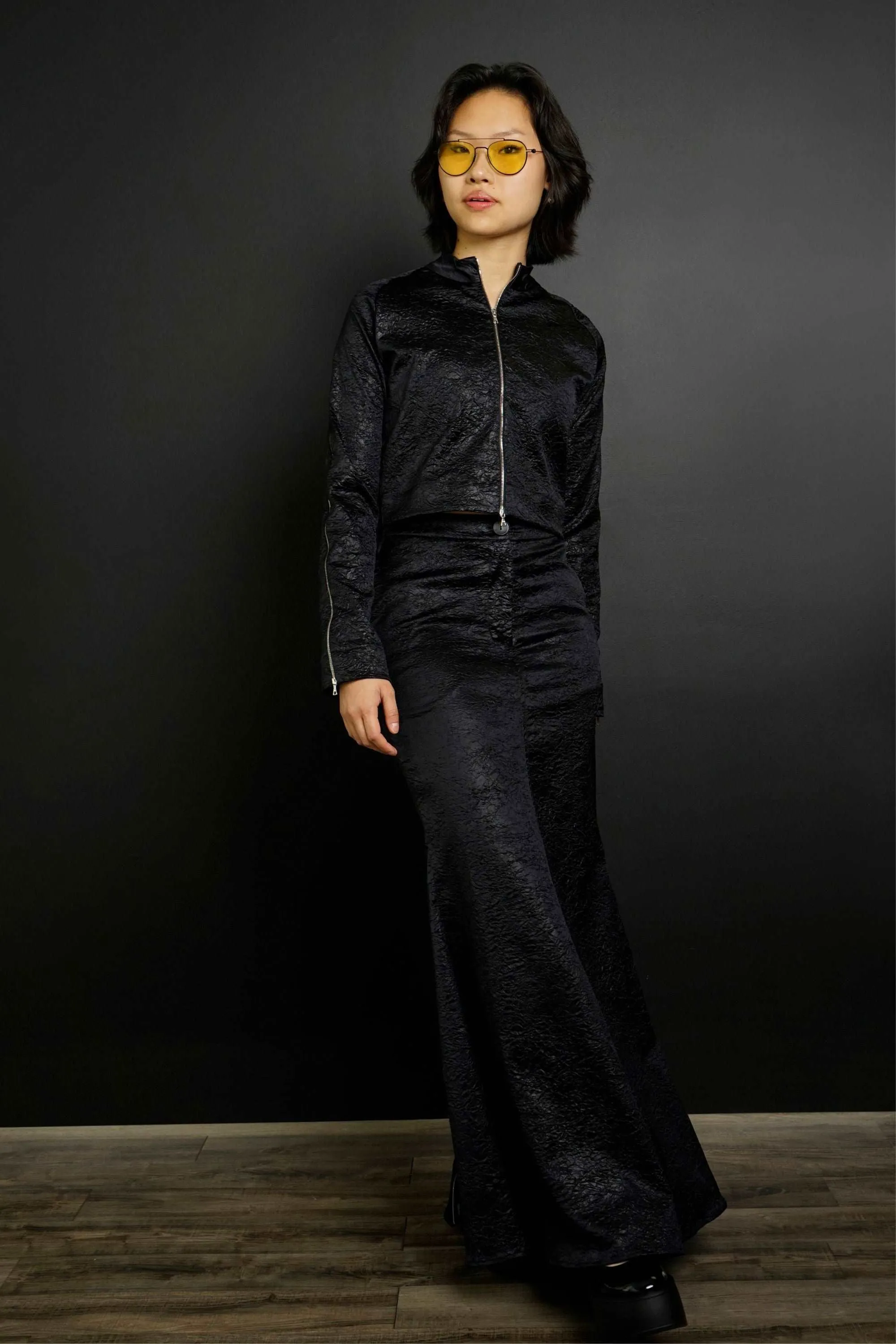 Nadine Black Crinkle Mermaid Maxi Skirt