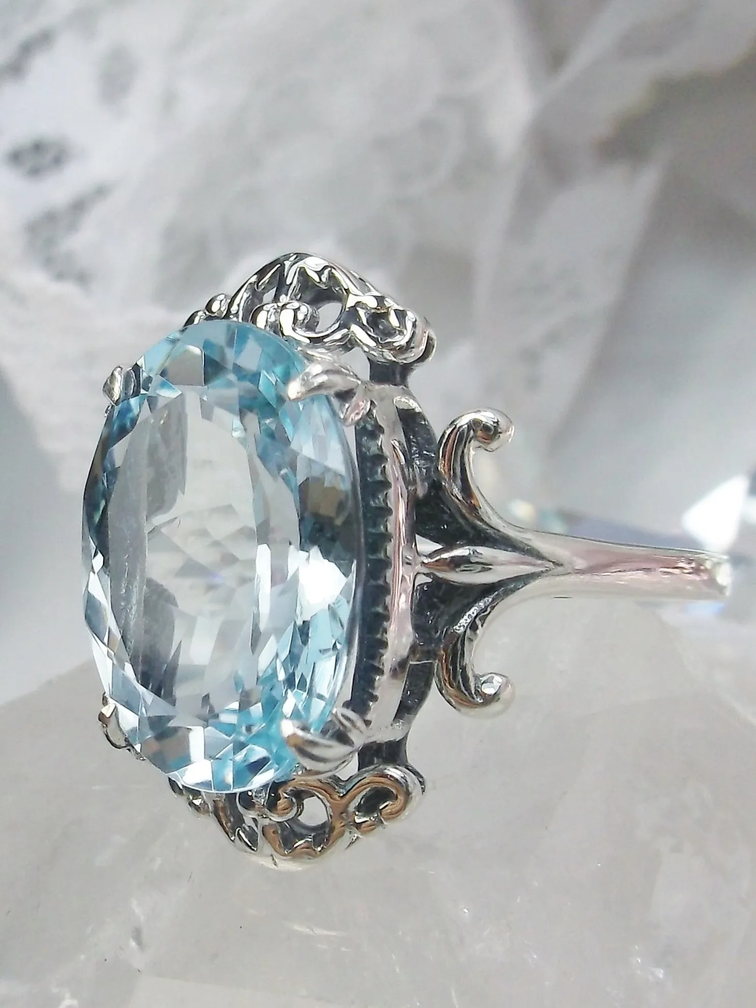 Natural Blue Topaz Ring, Sterling Silver Filigree, Gothic Jewelry, #D84