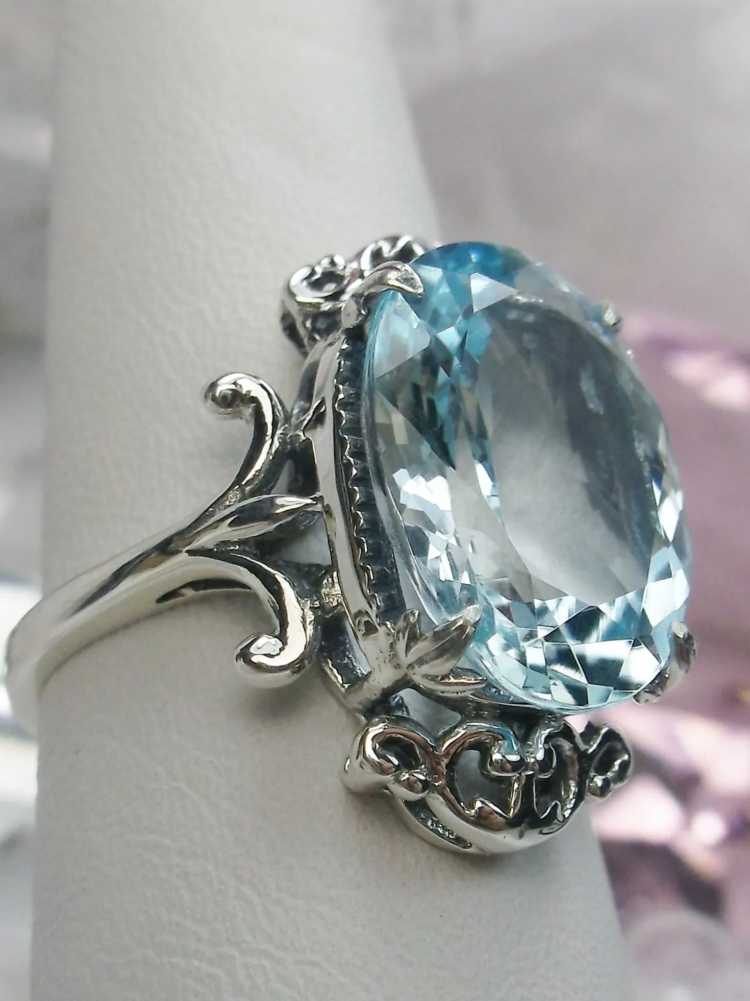 Natural Blue Topaz Ring, Sterling Silver Filigree, Gothic Jewelry, #D84