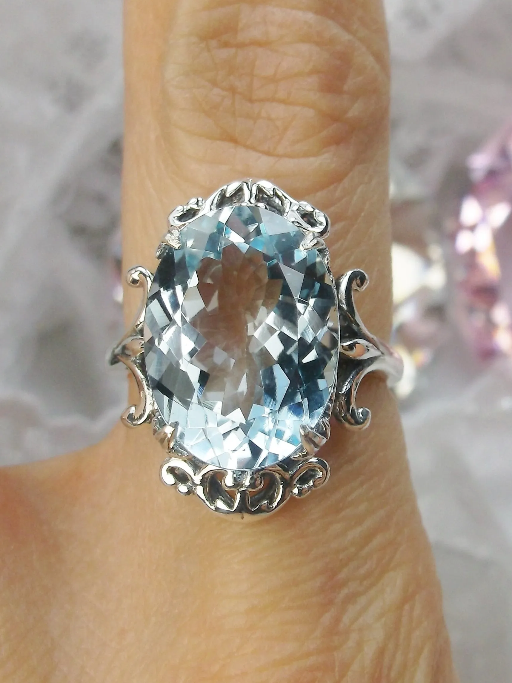 Natural Blue Topaz Ring, Sterling Silver Filigree, Gothic Jewelry, #D84
