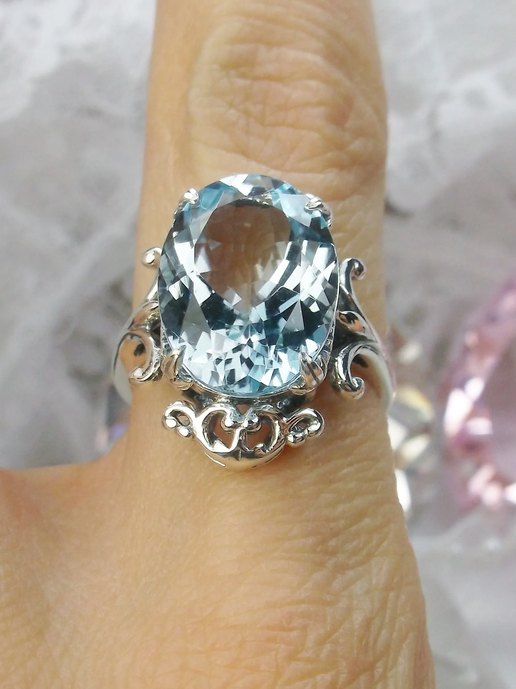 Natural Blue Topaz Ring, Sterling Silver Filigree, Gothic Jewelry, #D84