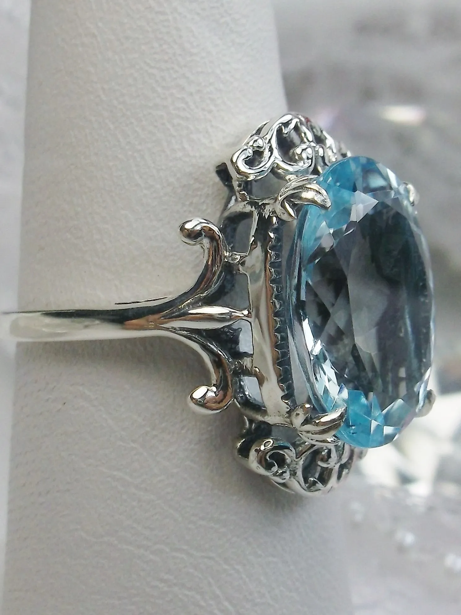 Natural Blue Topaz Ring, Sterling Silver Filigree, Gothic Jewelry, #D84