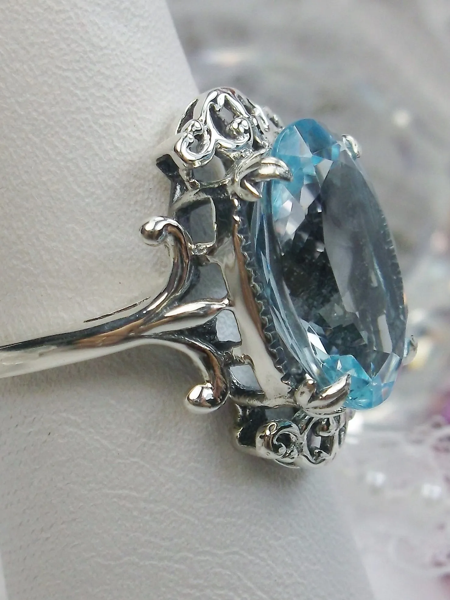 Natural Blue Topaz Ring, Sterling Silver Filigree, Gothic Jewelry, #D84