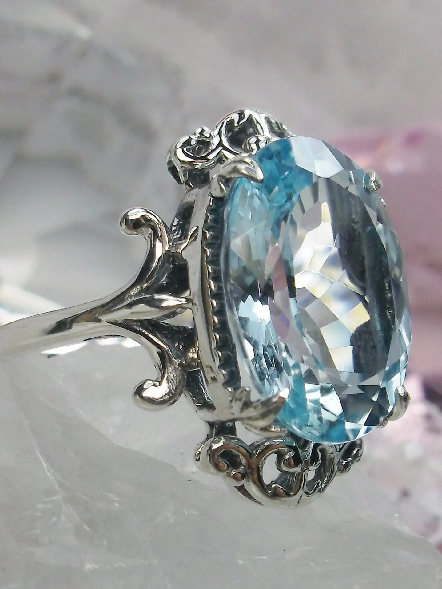 Natural Blue Topaz Ring, Sterling Silver Filigree, Gothic Jewelry, #D84