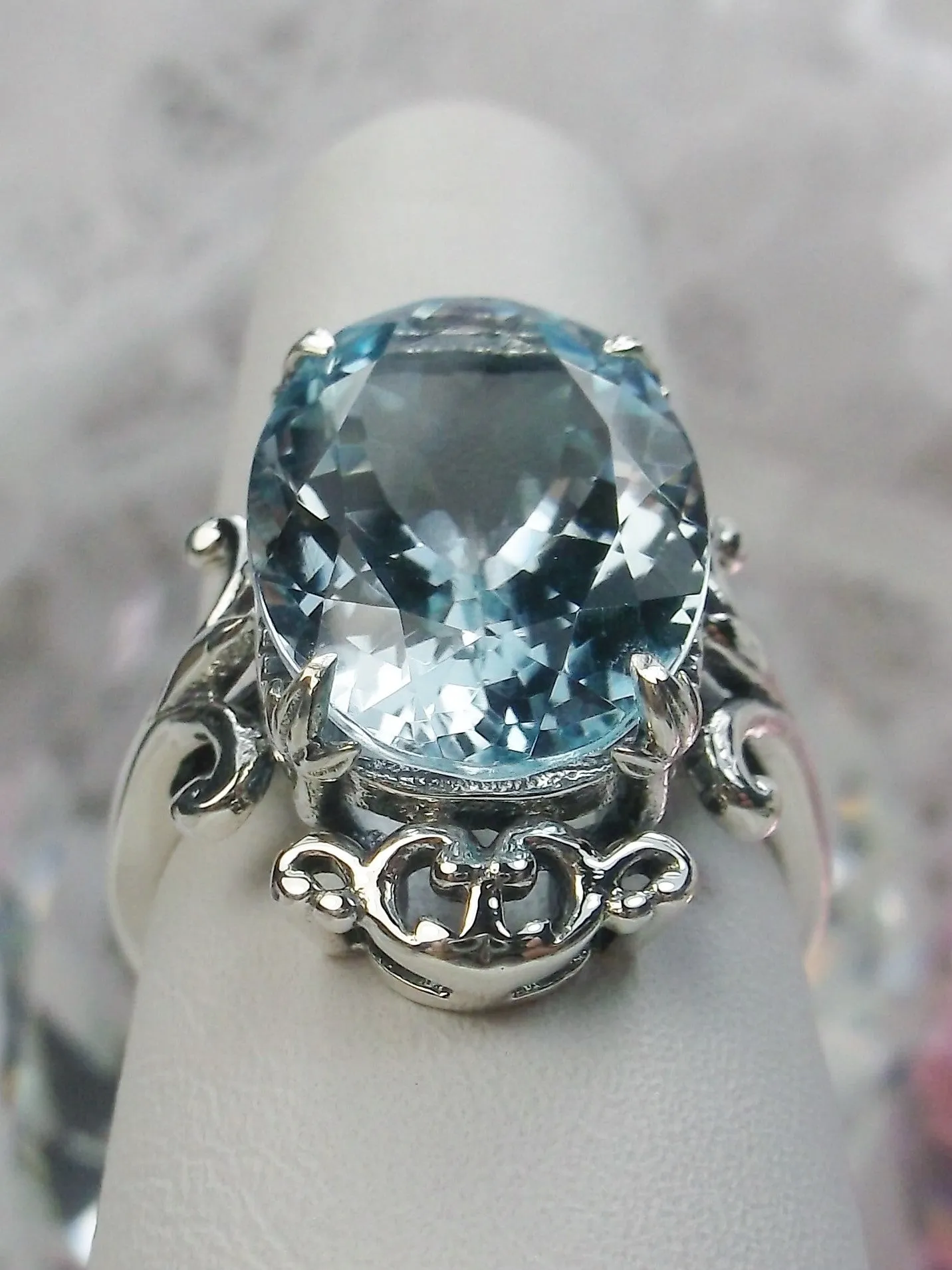 Natural Blue Topaz Ring, Sterling Silver Filigree, Gothic Jewelry, #D84