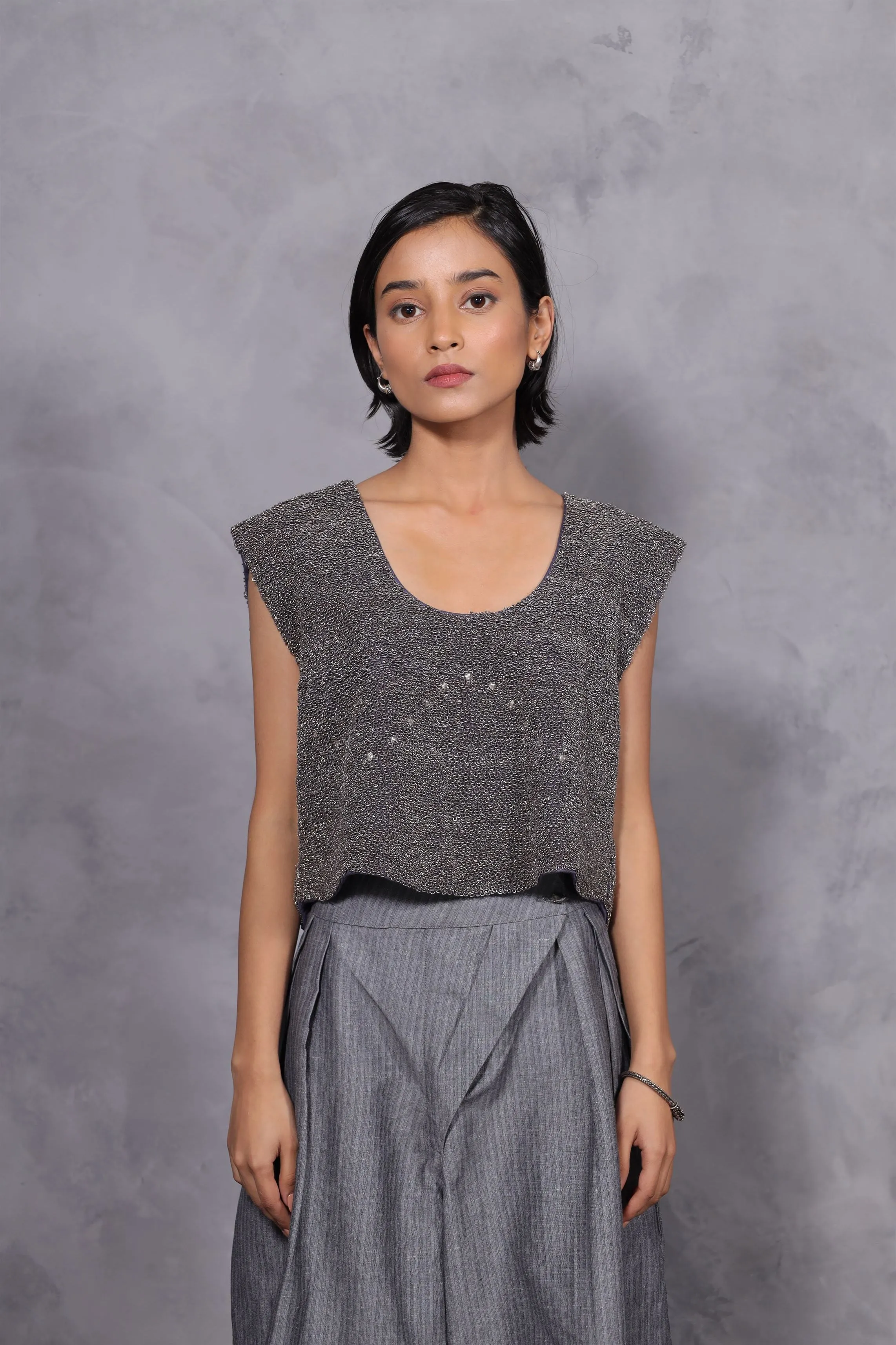 New Season Summer to Fall 2024-Limited Edition-Top Embroidered Cotton Charcoal-CH2/11-Senso-Fashion Edit Hemji