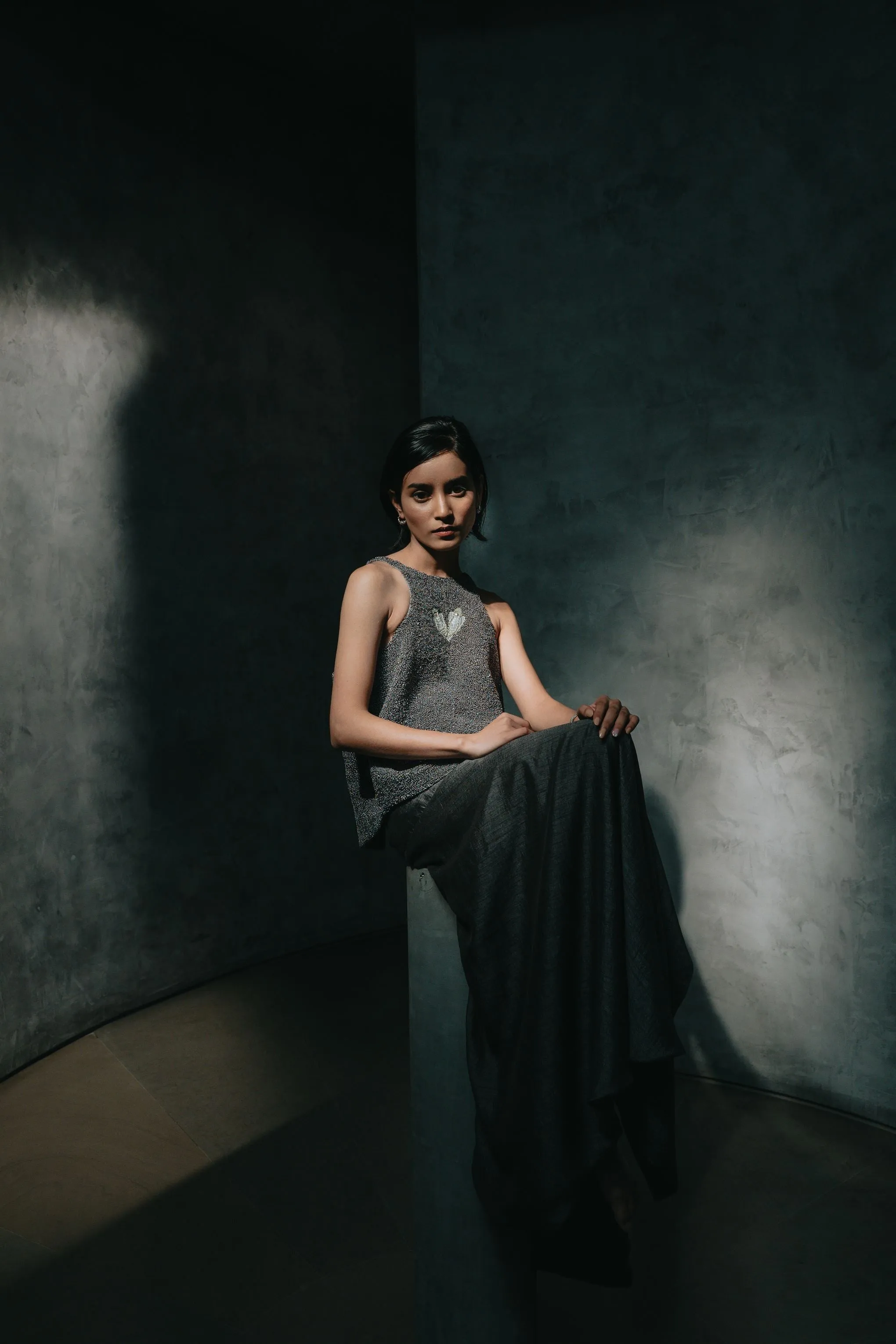 New Season Summer to Fall 2024-Limited Edition-Top Embroidered yoke Cotton Charcoal-CH2/27-Senso-Fashion Edit Hemji