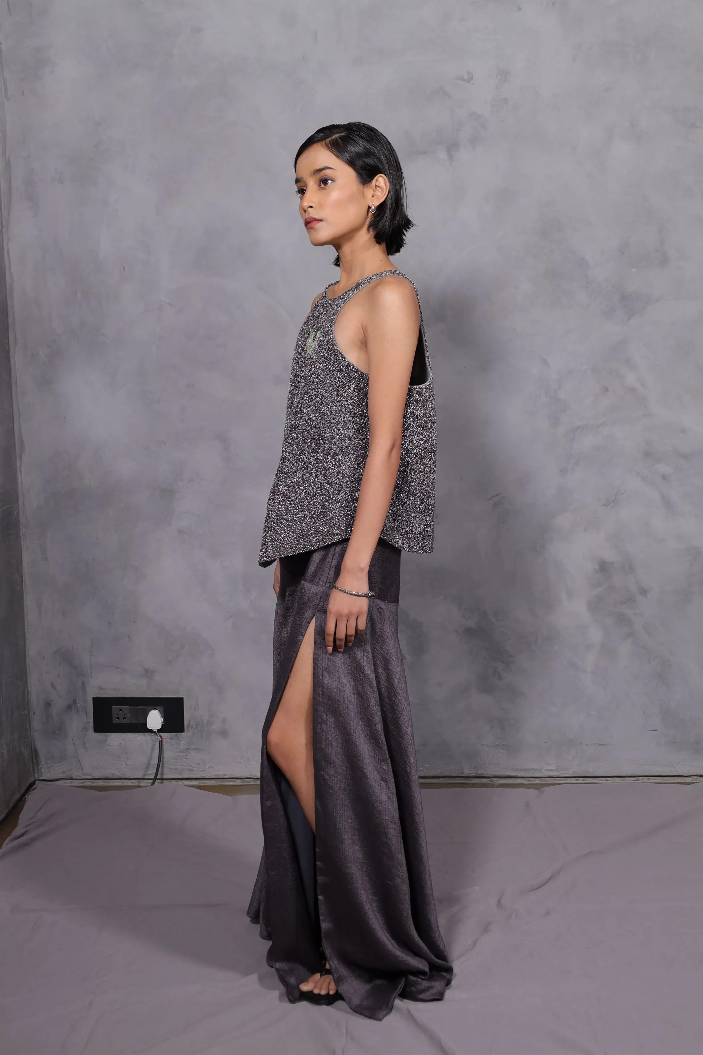 New Season Summer to Fall 2024-Limited Edition-Top Embroidered yoke Cotton Charcoal-CH2/27-Senso-Fashion Edit Hemji