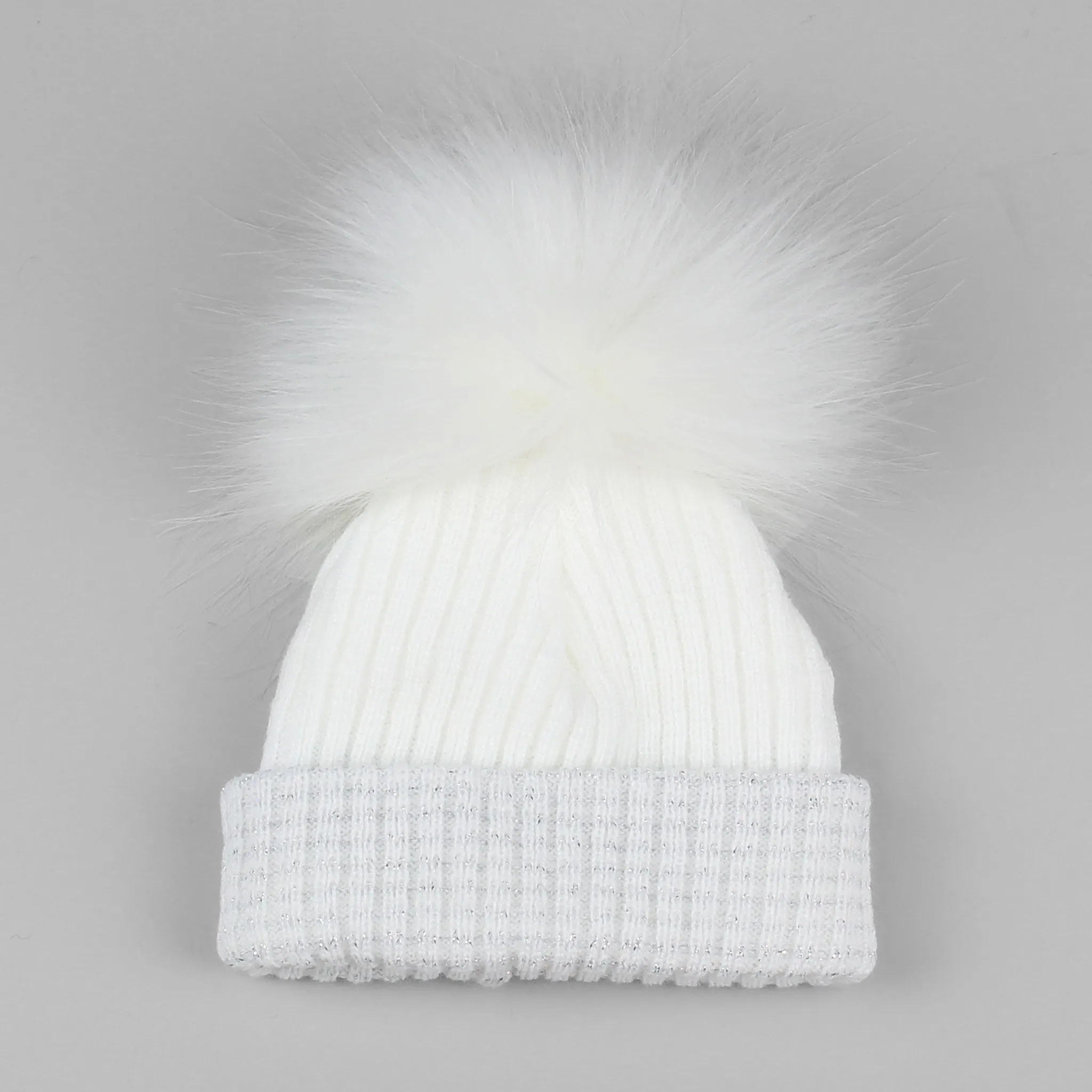 Newborn Baby White Silver Pom Pom Hat