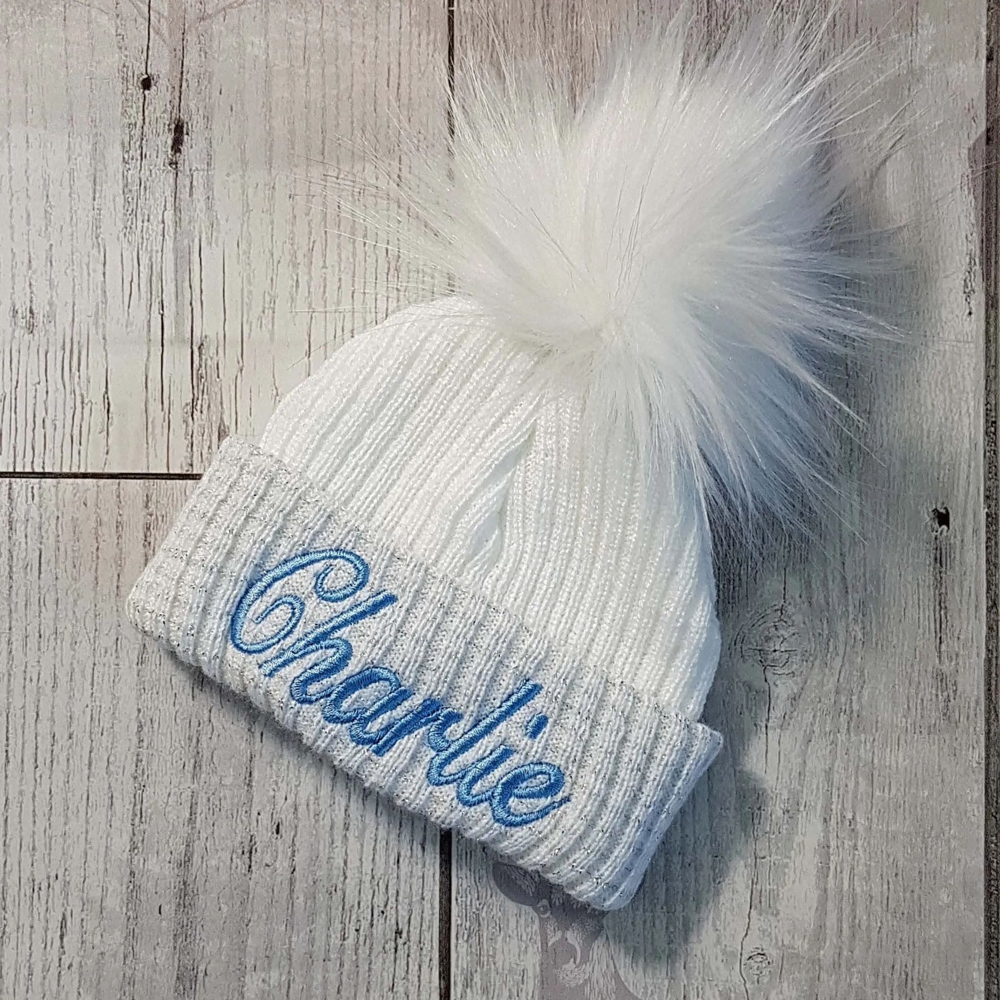 Newborn Baby White Silver Pom Pom Hat