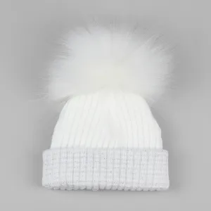 Newborn Baby White Silver Pom Pom Hat