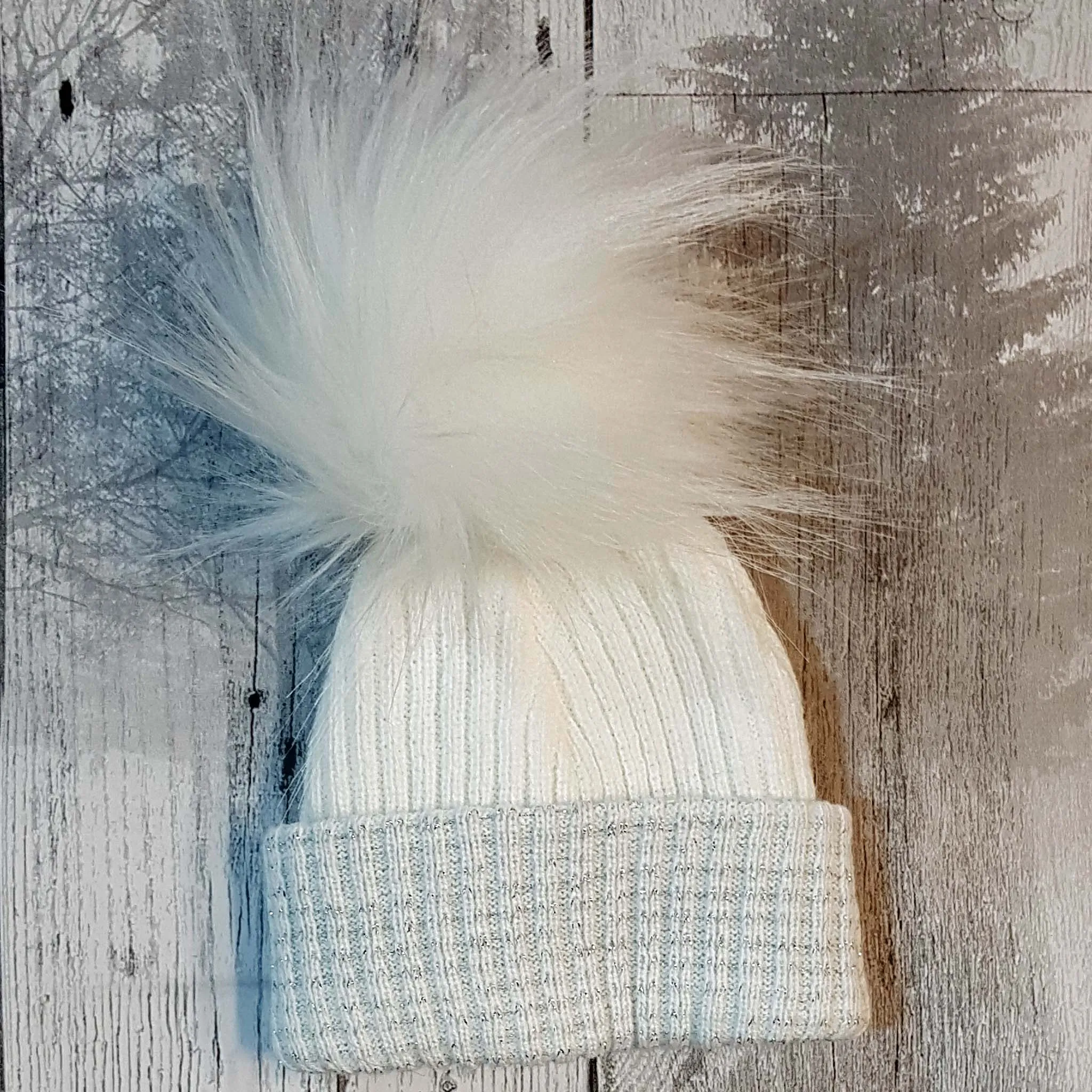 Newborn Baby White Silver Pom Pom Hat
