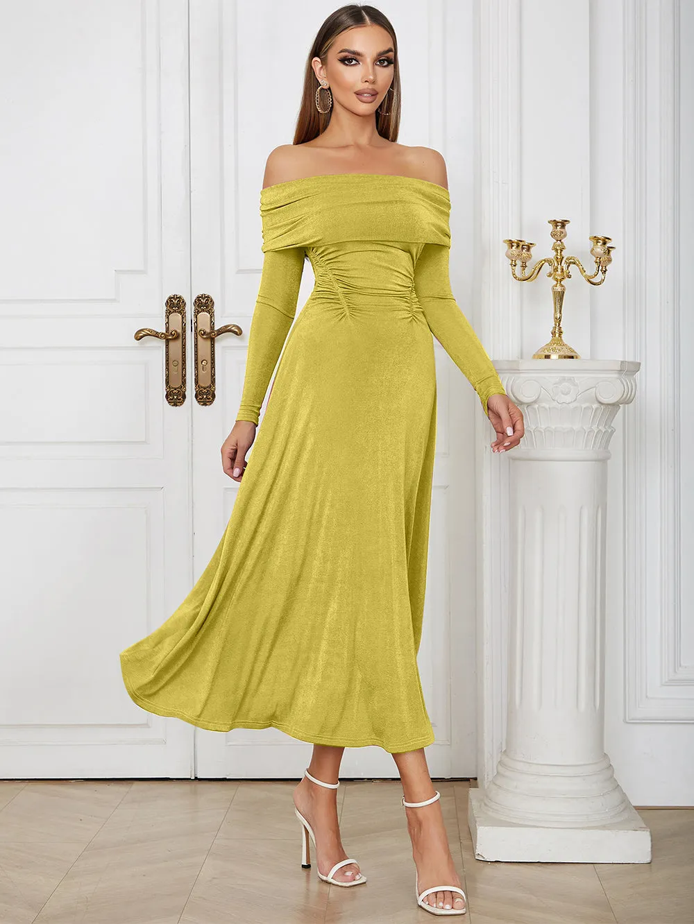 Off Shoulder Long Sleeve Elegant Midi Bodycon Dress HB00671