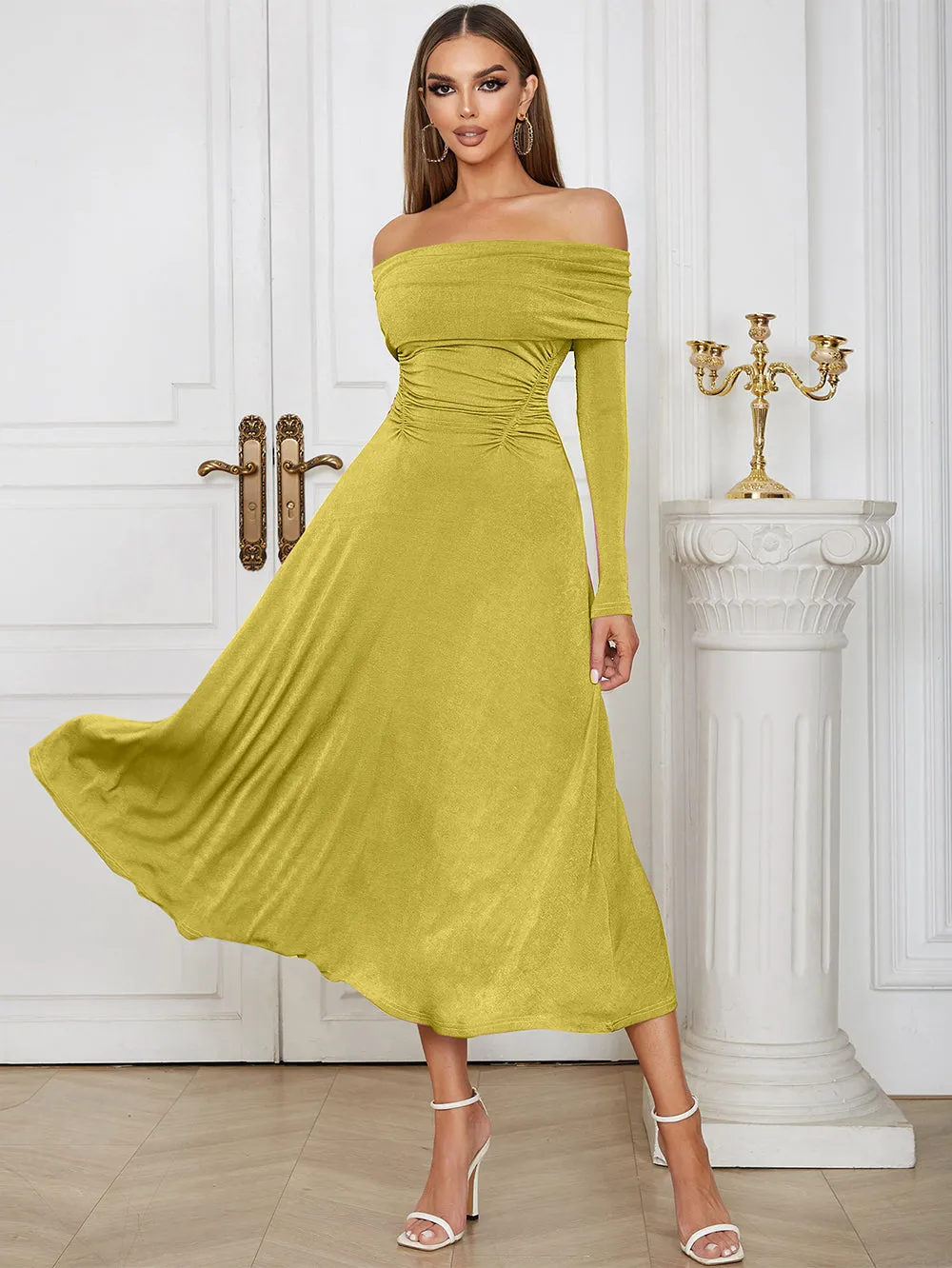 Off Shoulder Long Sleeve Elegant Midi Bodycon Dress HB00671