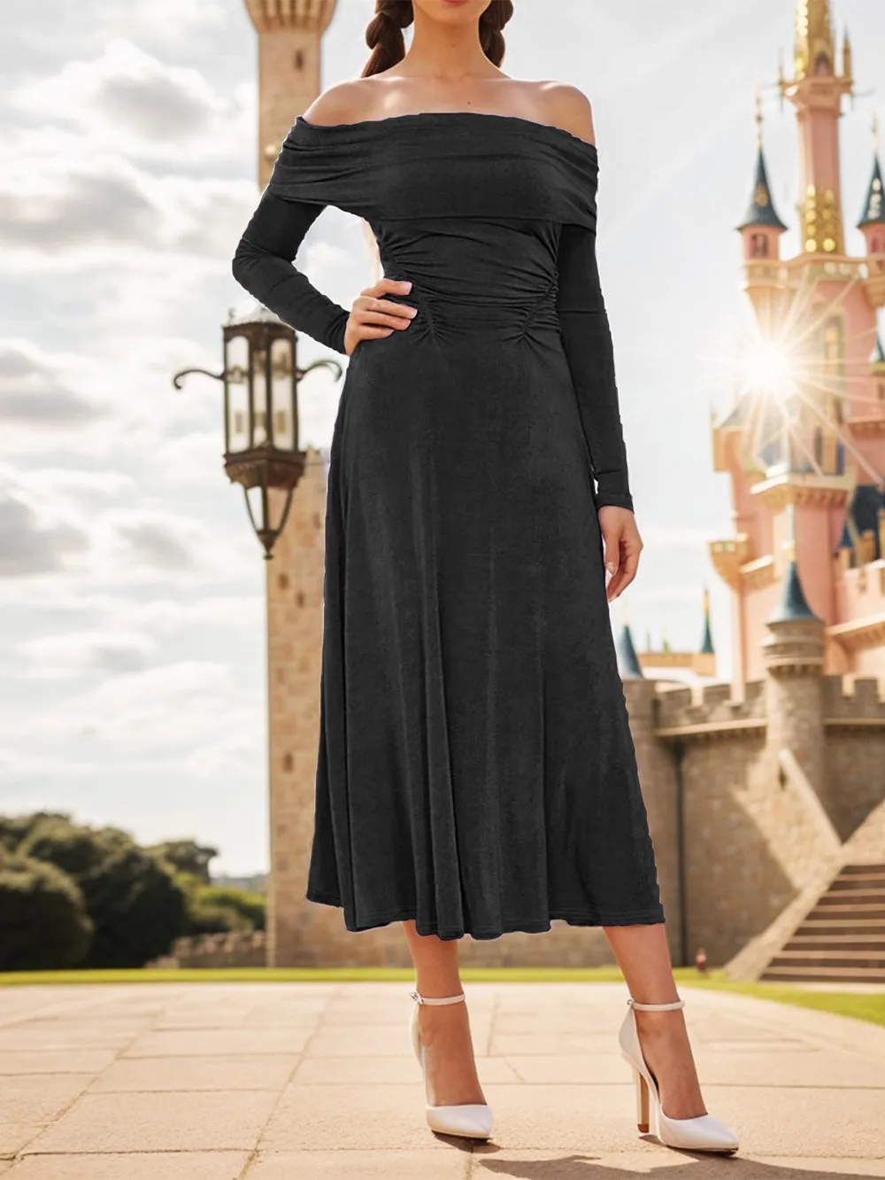 Off Shoulder Long Sleeve Elegant Midi Bodycon Dress HB00671