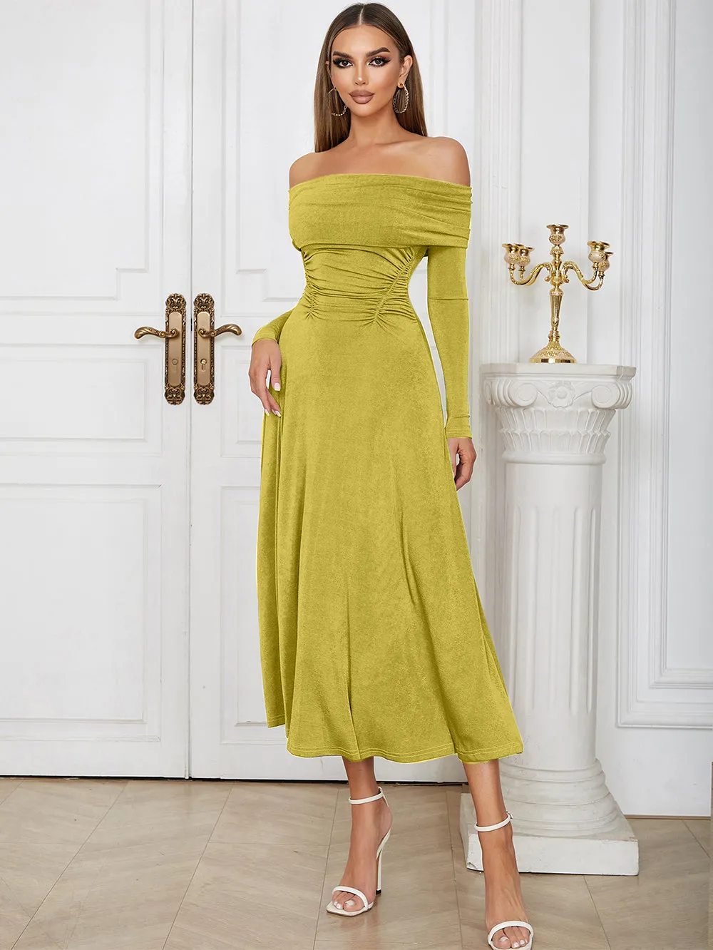Off Shoulder Long Sleeve Elegant Midi Bodycon Dress HB00671